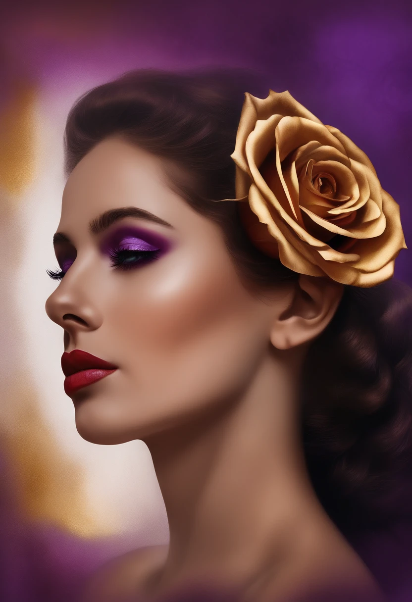 imprimir para misturar cores. simetria perfeita. Purple rose in the middle positioned next to the face of a beautiful lady scene adlt 18 with intense eyes that crying a tear and golden lips.. corar, reflection, Pisou. illustration, Cinematic lighting. vista do teto. Picasso abstrato. non-3D. nenhum adolescente. not so realistic. sem aquarela