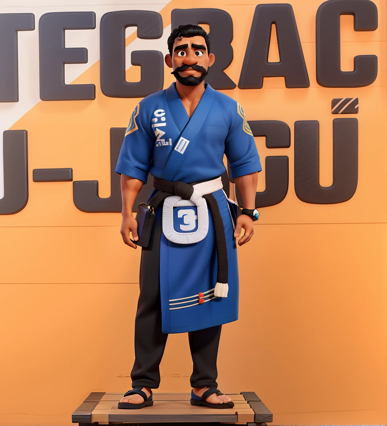 Um homem negro de bigode e cavanhaque vestido com kimono de jiu-jitsu com o fundo de tatame com o tema sparten