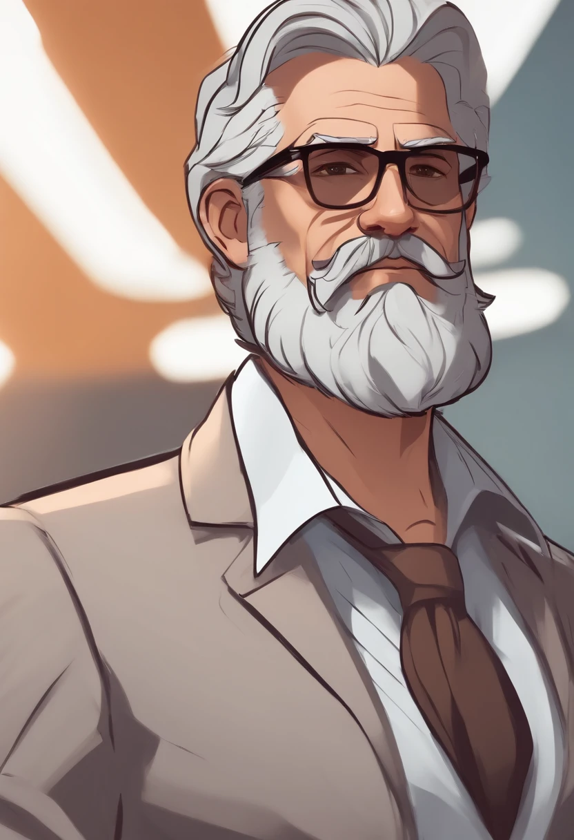 Personagem de desenho animado de um homem com cabelos brancos, with a gray beard with black glasses and a brown suit, animation character, Caractere estilizado, animation style rendering