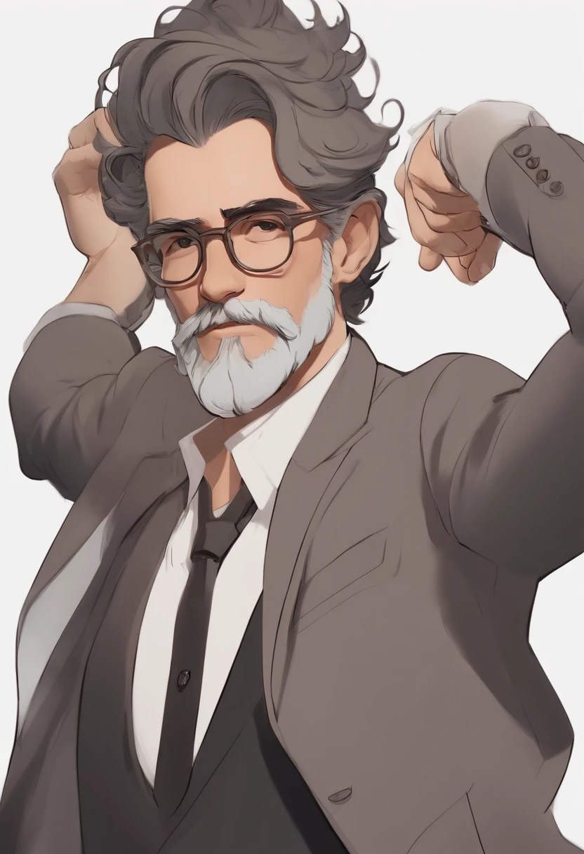 Personagem de desenho animado de um homem com cabelos brancos, with a gray beard with black glasses and a brown suit, animation character, Caractere estilizado, animation style rendering