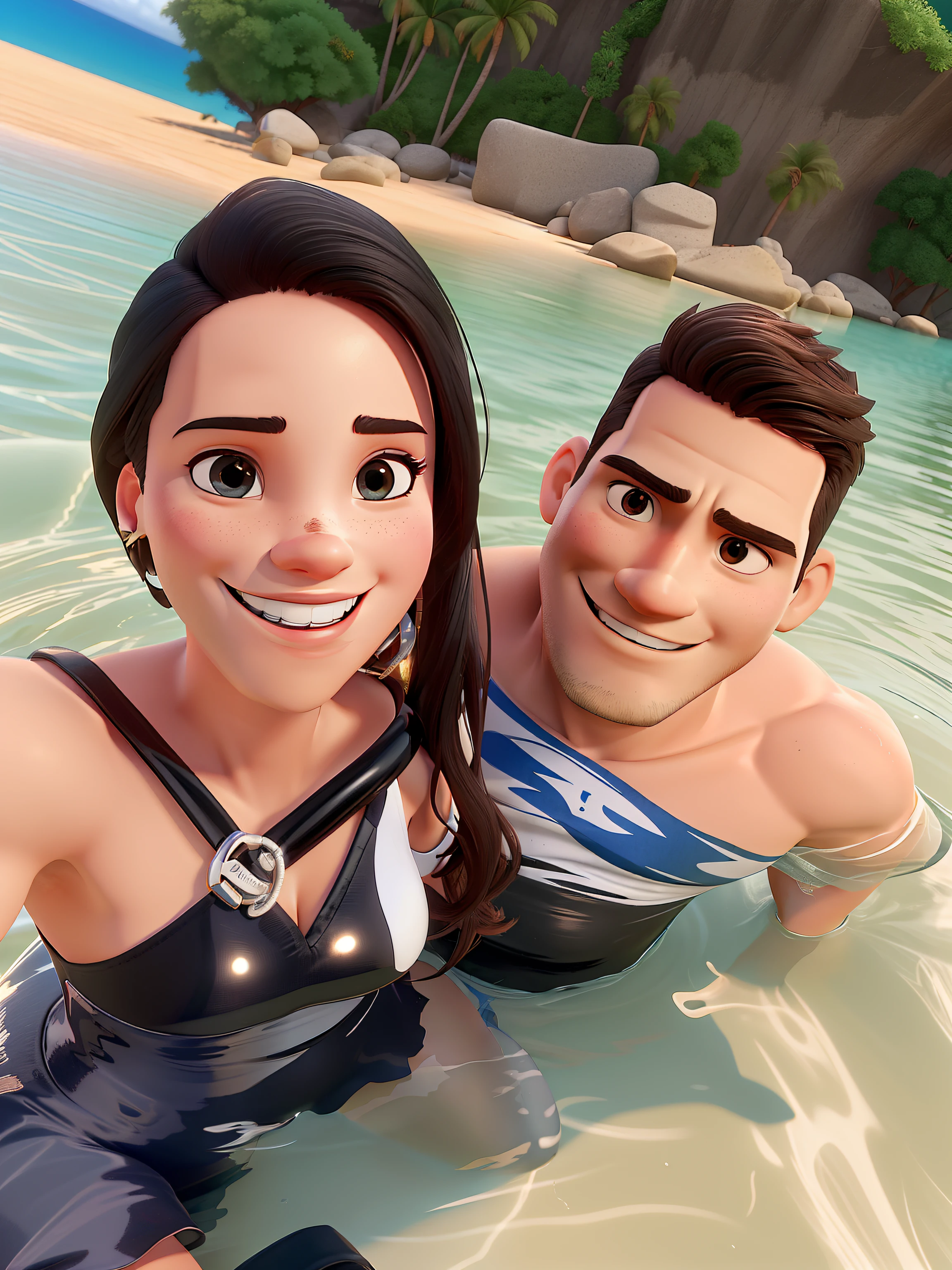 The image shows a man and a woman sitting on a body of water, possivelmente uma praia, aproveitando o tempo juntos. Woman is wearing a black swimsuit, While the man is shirtless. The two are smiling and posing for a photo, com o cabelo da mulher cobrindo parcialmente o rosto. Ao fundo, Two boats are visible, one closer to the left side of the image and one closer to the right. A cena parece ser uma atividade ao ar livre relaxante e divertida para o casal, Generate an image in the style of 3D dick animation with their names Mariana and Brendo.