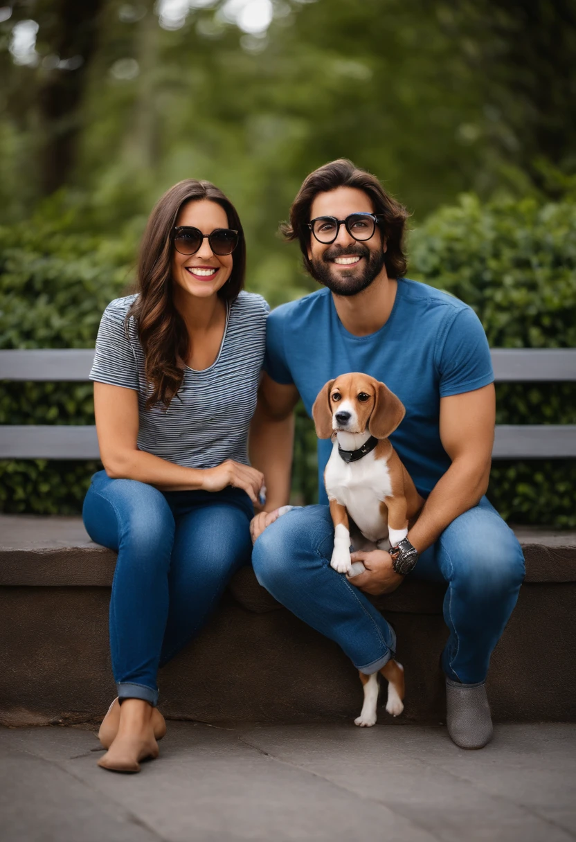 Pixar. Casal com um filhote de cachorro beagle marrom. A menina tem os cabelos loiros amarrados, Camiseta cinza e jeans claro, white glasses. O menino de cabelos pretos com cabelos grisalhos, barba pequena, oculos, Dark blue jeans and gray t-shirt. They are both smiling and are 40 years old
