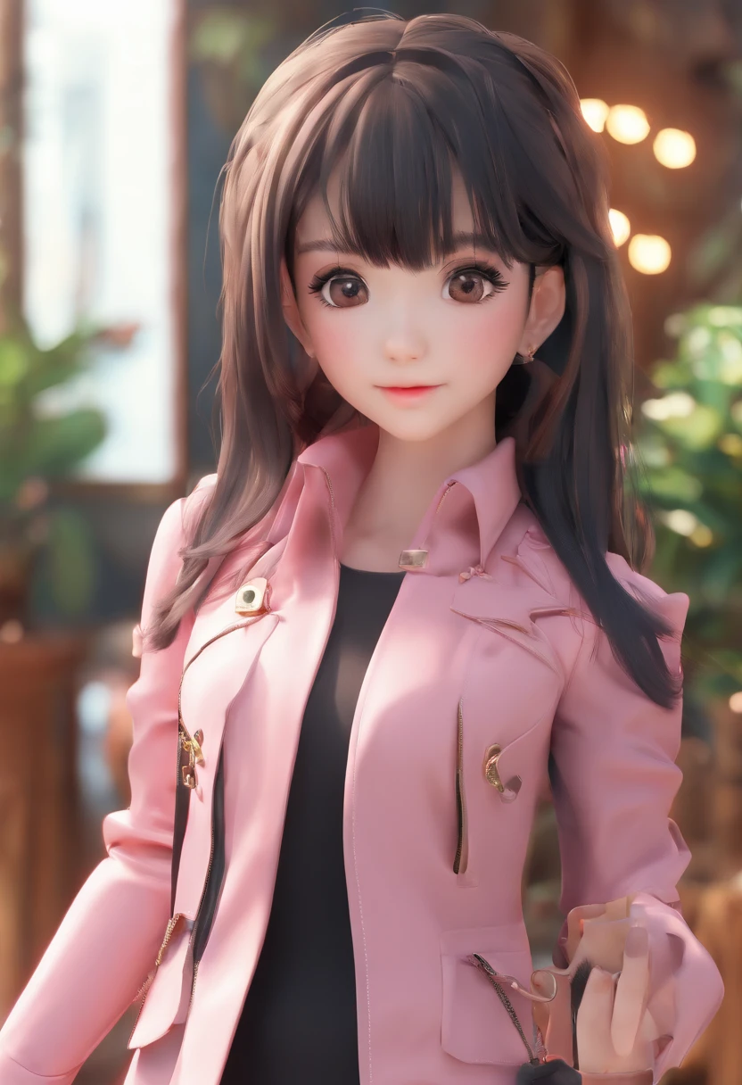 Beautiful, master part, best quality, Rosto extremamente detalhado,  perfect lighting, 1girl, sozinho, esquete, Marnie (Pokémon), olhos verdes, asymmetrical bangs, mochila, saco, gargantilha preta, Black jacket, Blurry, blurry background, Gargantilha, boca fechada, vestir, from behind, dentro, suit jacket, mangas compridas, Olhando para o Viewer, Looking back, fora do ombro, vestido rosa, saco vermelho, sozinho