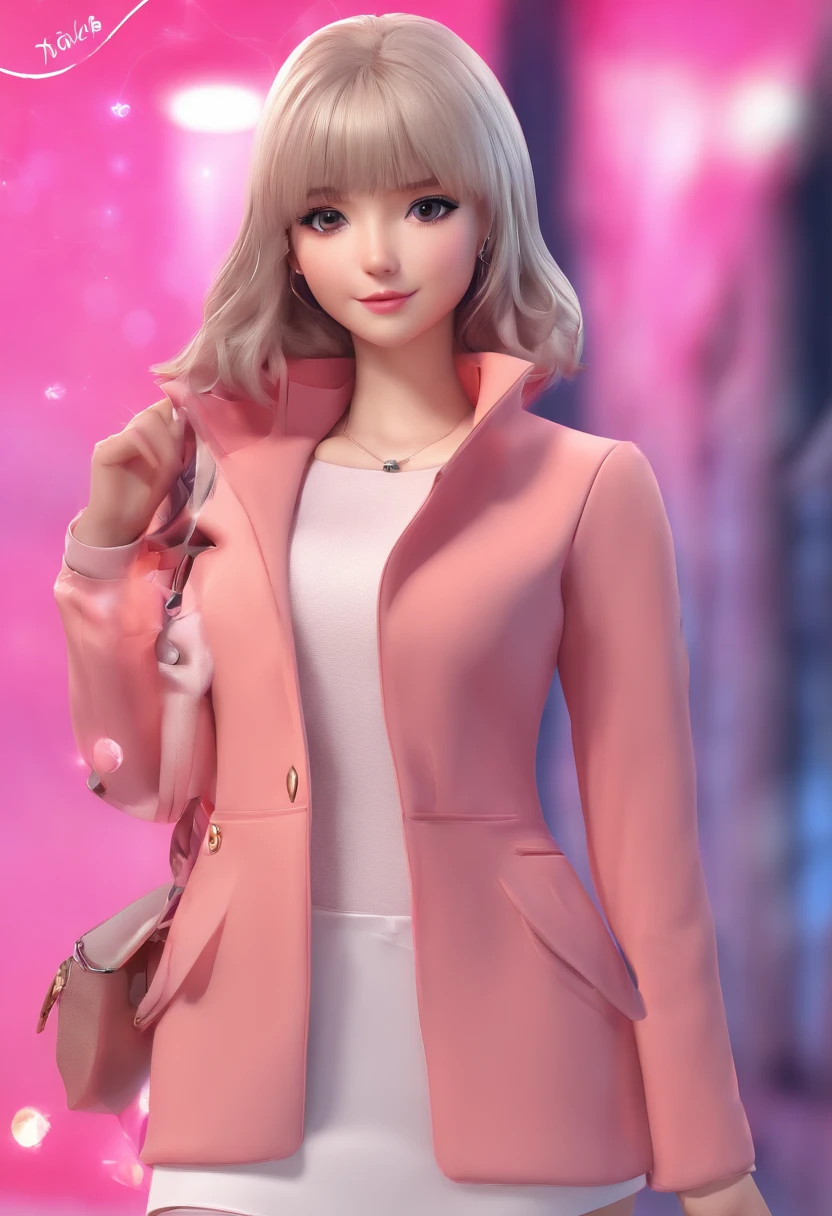 Beautiful, master part, best quality, Rosto extremamente detalhado,  perfect lighting, 1girl, sozinho, esquete, Marnie (Pokémon), olhos verdes, asymmetrical bangs, mochila, saco, gargantilha preta, Black jacket, Blurry, blurry background, Gargantilha, boca fechada, vestir, from behind, dentro, suit jacket, mangas compridas, Olhando para o Viewer, Looking back, fora do ombro, vestido rosa, saco vermelho, sozinho