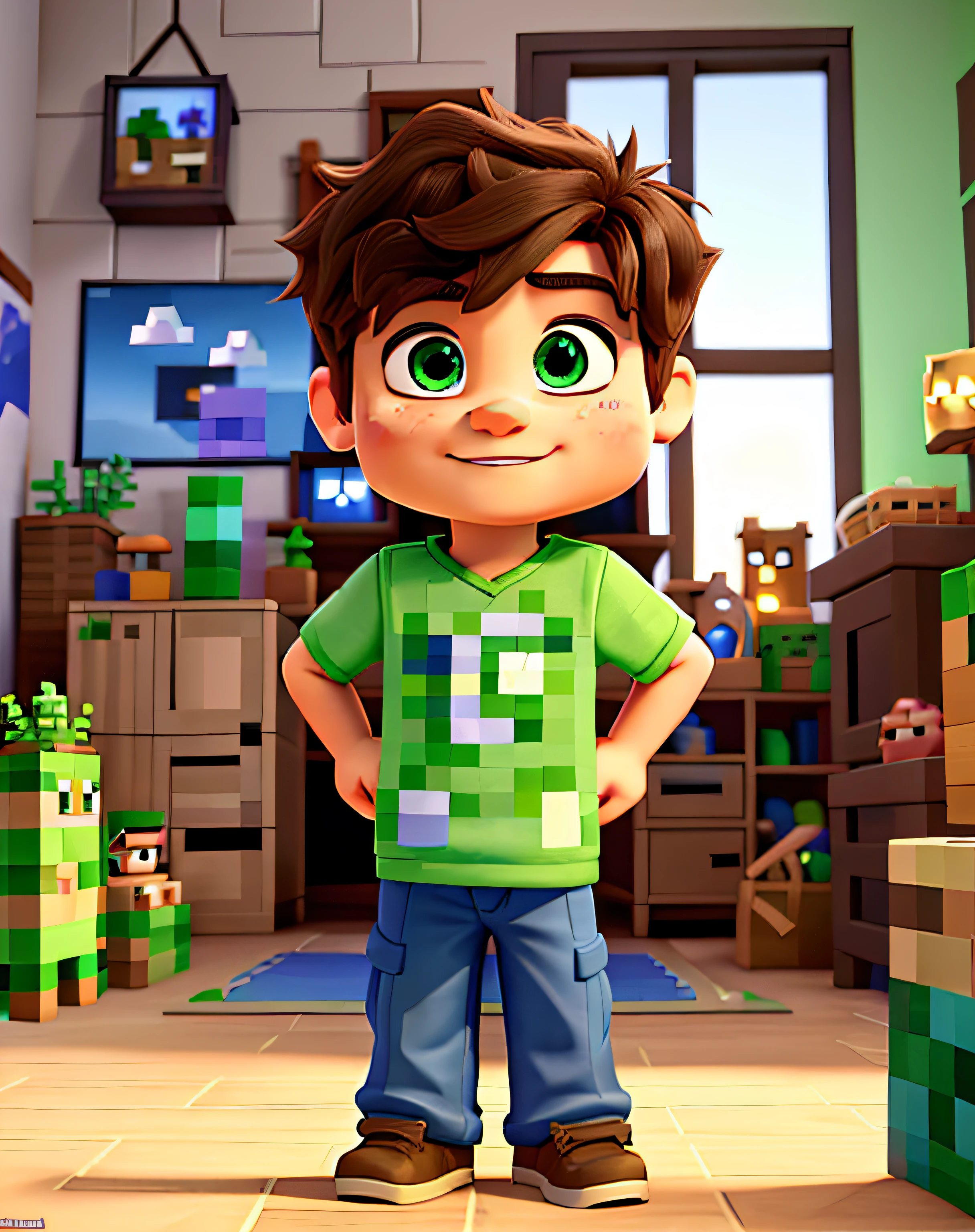 Disney Pixar style poster of a baby boy playing with minecraft happy expression with a slight smile, concentrated, straight brown hair light skin green eyes, wearing a minecraft t-shirt with a diamond sword and minecraft diamond armor. In the background we see a boy's room