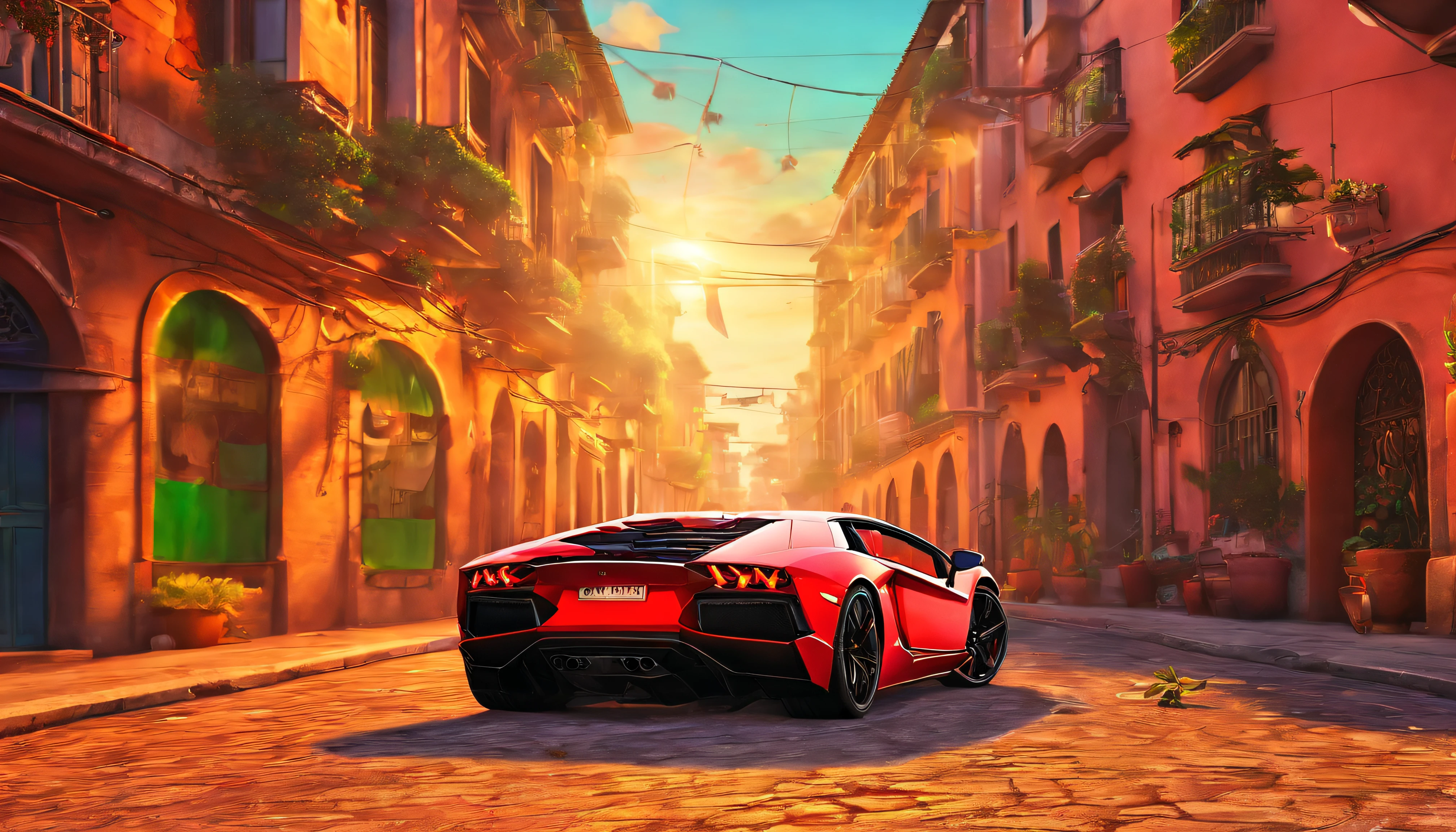 Stable Diffusion prompt:
lamborghini aventador, italian alleyway, sunset, oil painting, (best quality:1.2), ultra-detailed, realistic:1.37, HDR, vivid colors, bokeh, portraits, warm color tones, soft lighting