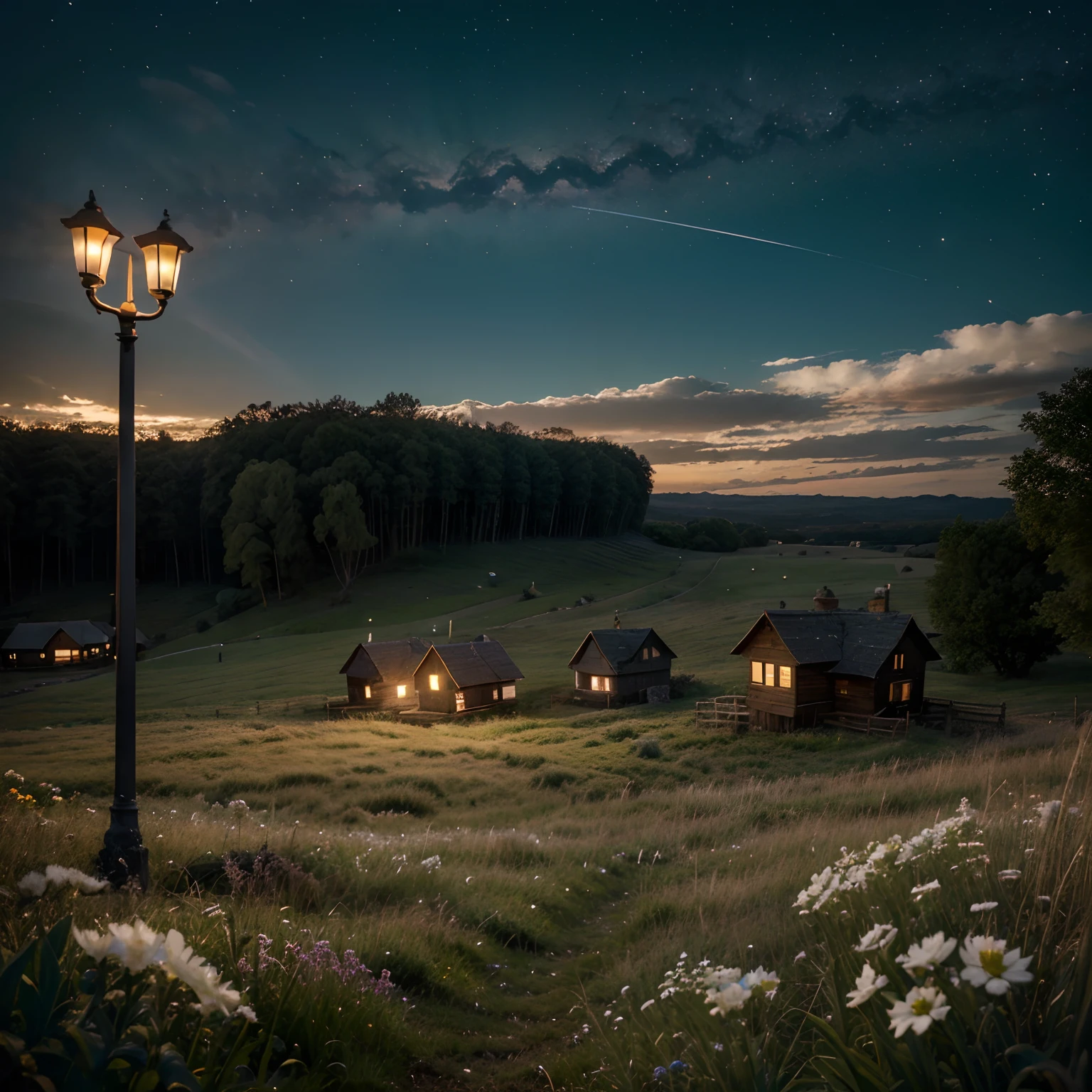 Nighttime clear skies milky way dark blue skies plain grasslands with low level grass uniform grass flowers scattered settlement of illuminated houses 90's lamp nearby cinematic 8k quality calming effect photorealistic hyper realistic