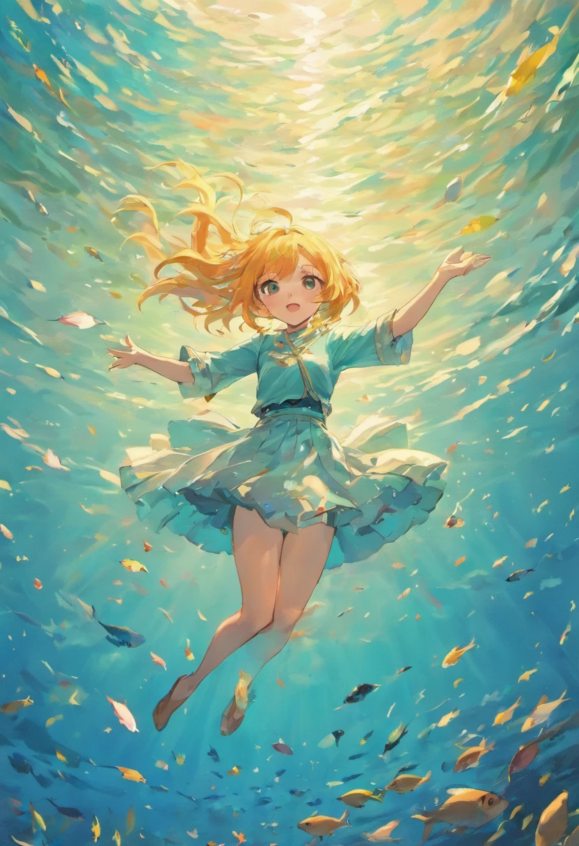 Birds fly in the sky,Fish swimming in the lake