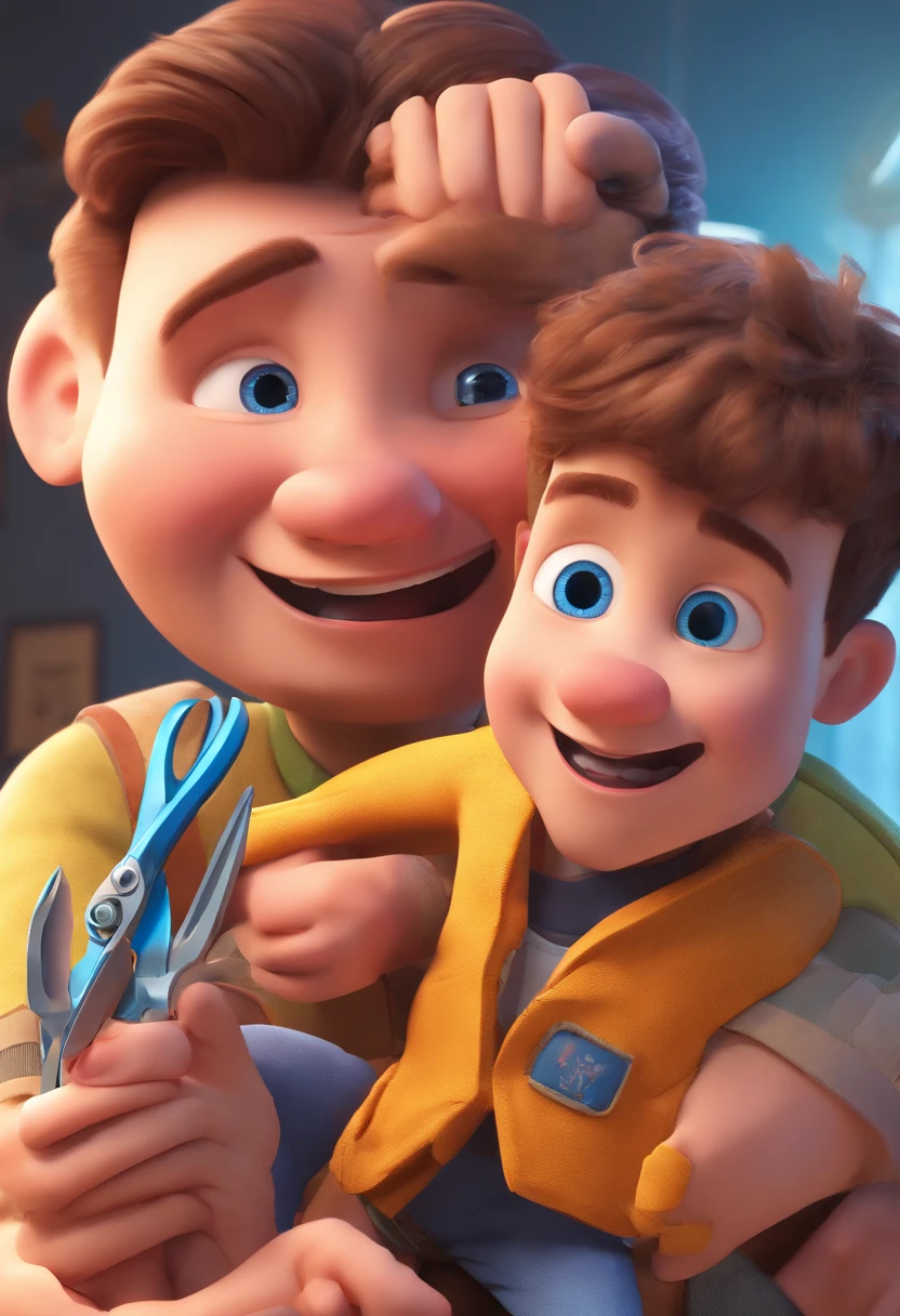 Estilo Pixar: The grown man is holding a naked blue-eyed boy and in his other hand he is holding a pair of scissors and is trying to cut off the boy's testicles,3D Poster,Disney