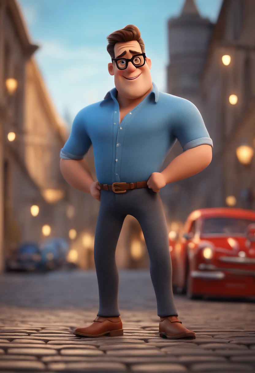 Cartoon character of a man with black glasses and a blue shirt, animation character, Caractere estilizado, animation style rendering, 3D estilizado, Arnold Maya render, 3 d render stylized, toon render keyshot, Personagem 3D, Personagem 3D, 3d rendering stylized, 3 d character render, personagem de desenho animado, Personagem de close up, Pose de personagem, (Estilo Pixar) (master part:1.2) (Bokeh) (best quality) (pele detalhada) (textura detalhada) (8k) (argila) (Cinematic lighting) (foco nítido