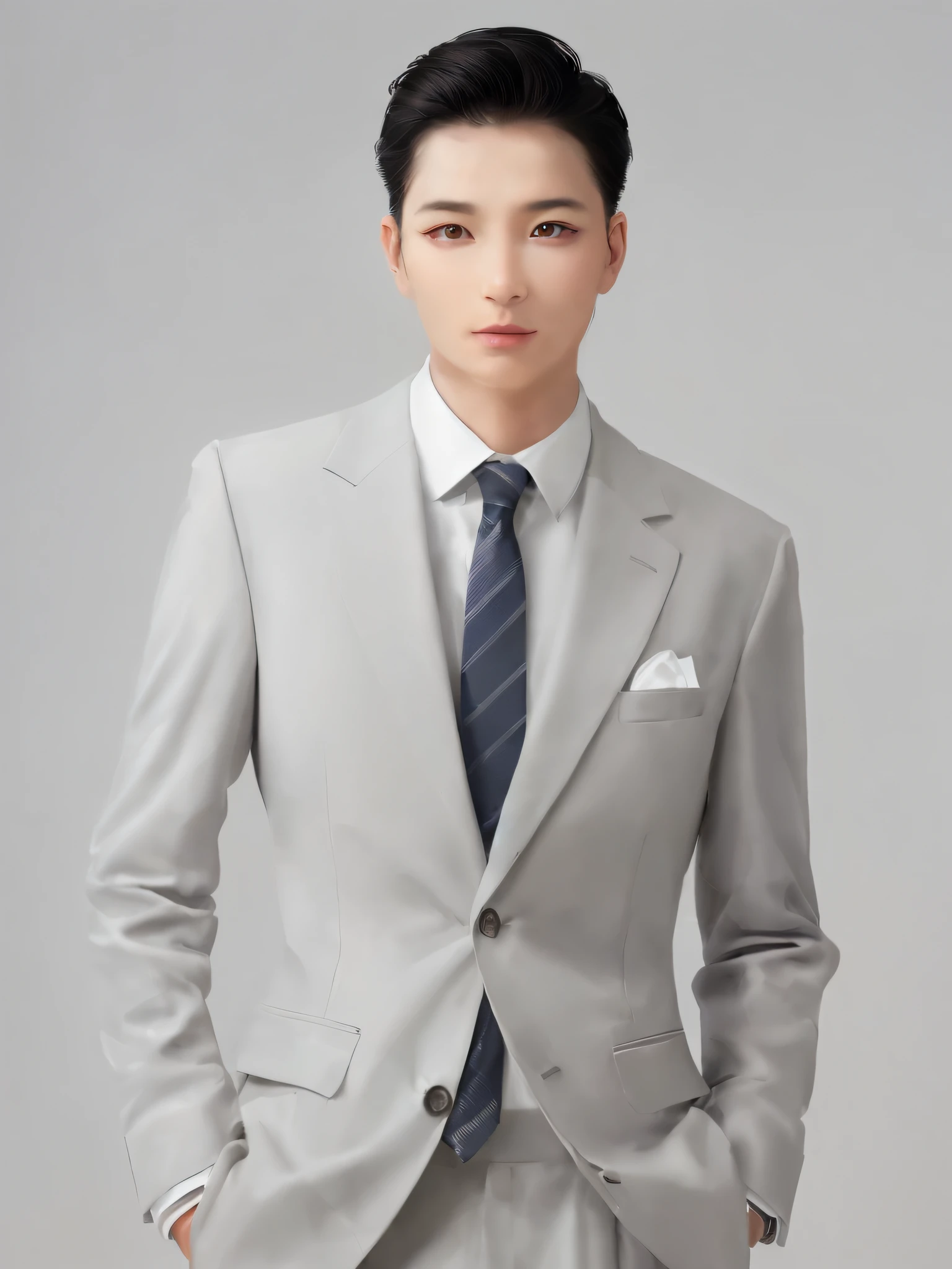 A person wearing a white business suit, standing confidently in an official photo. (best quality, ultra-detailed, photorealistic), professional, vivid colors, sharp focus, studio lighting, medium: oil painting, detailed face, detailed clothing, elegant pose, serious expression, clean background, sophisticated atmosphere.