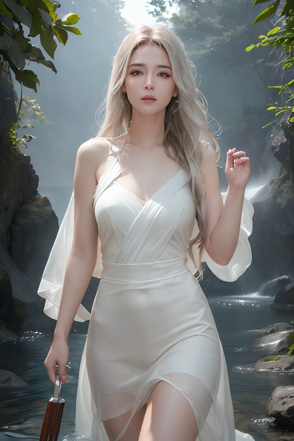 (8k, RAW photo, best quality, masterpiece:1.2), (realistic, photo-realistic:1.37), ultra-detailed, (high detailed skin:1.2), 8k uhd, dslr,high quality, film grain, Fujifilm XT3, professional lighting, photon mapping, radiosity, white robes moving in the wind, long white hair, fully clothed, perfect face, concept art, detailed face and body, award-winning photography, detailed face, backlight, ultrarealistic, ray tracing, intense gaze, looking at viewer, cinematic lighting, embers, fantasy, action pose, water splash, mist , RAW photo, 8k uhd, film grain,