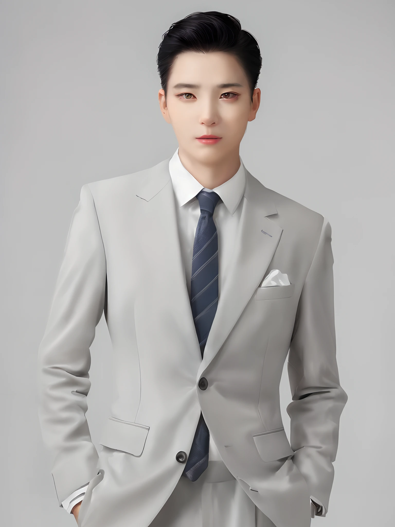 A person wearing a white business suit, standing confidently in an official photo. (best quality, ultra-detailed, photorealistic), professional, vivid colors, sharp focus, studio lighting, medium: oil painting, detailed face, detailed clothing, elegant pose, serious expression, clean background, sophisticated atmosphere.