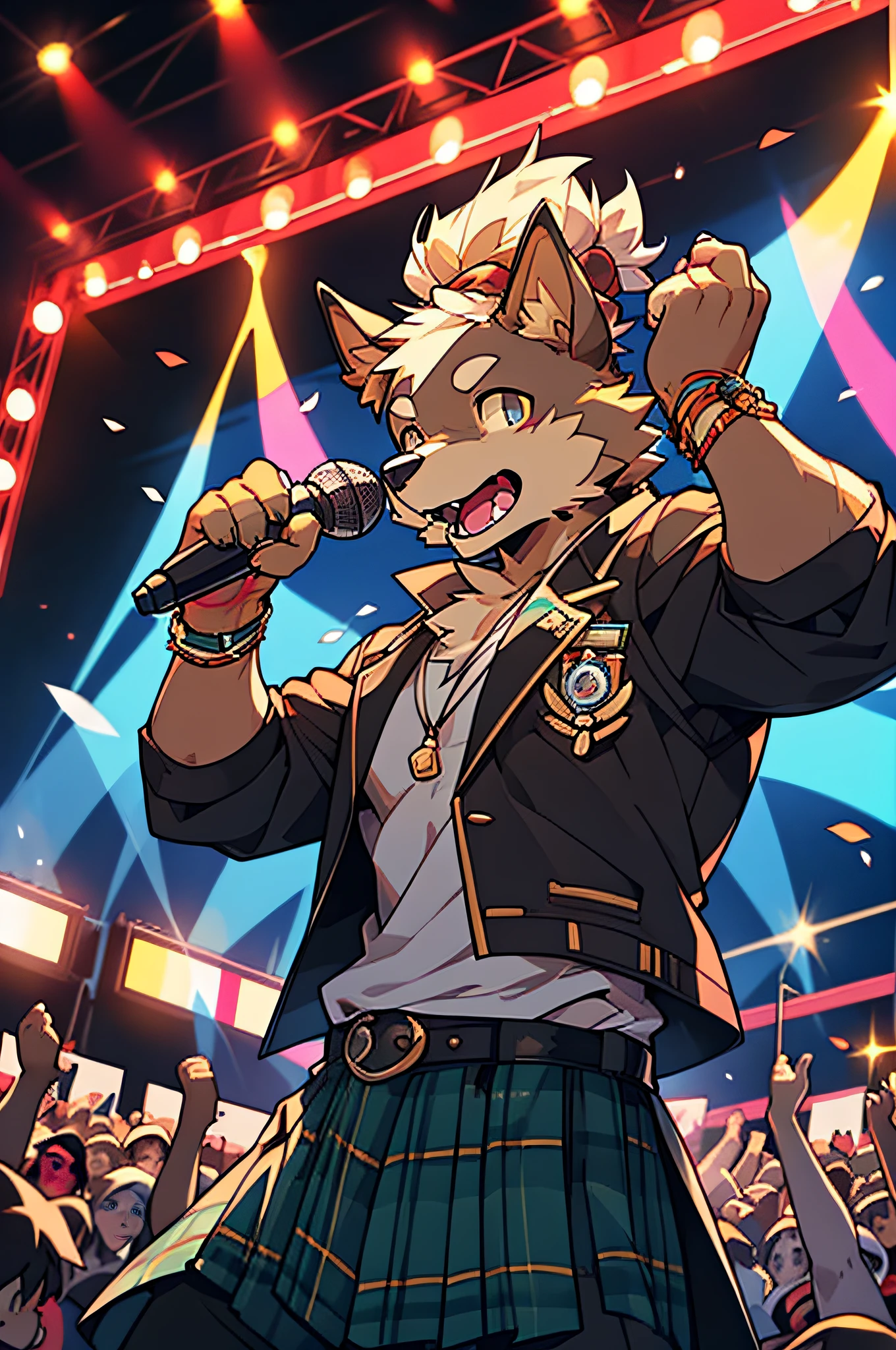 （Charismatic man with a top knot, On a lively stage, Captivate the crowds with an impressive light show）Vocalist Male Cartoon、Anthropomorphic Scottish Terrier Dog