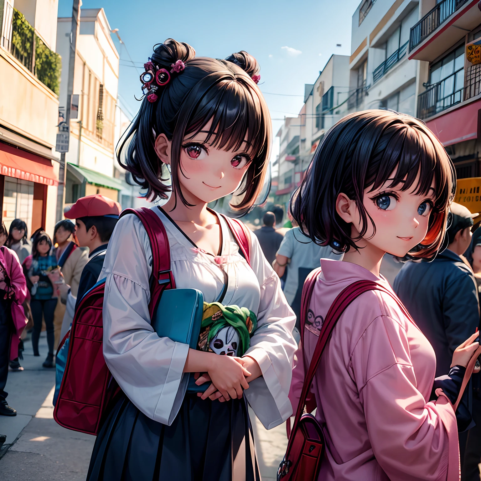 Anime style menina japonesa sorrindo em vilarejo do mexico com mochila chegando para festa de dia de los muertos com o rosto pintado como caveira, We see Mariate musicians playing in the streets packed with people with Dia de los Muertos decorations