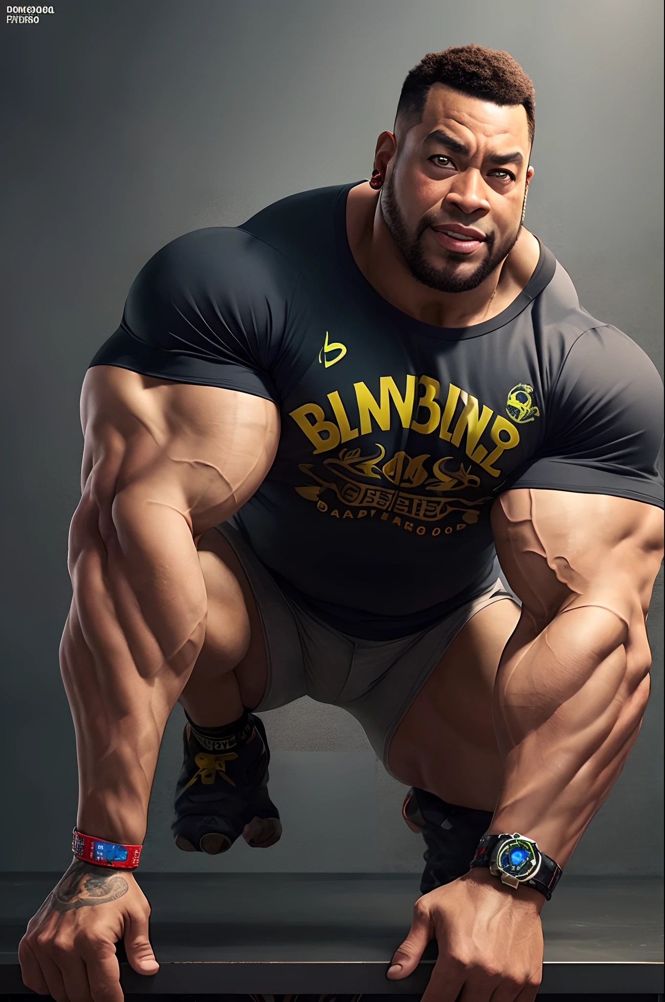Personagem Pixar, medindo 1,80 com 85kg, barba baixa, Black Bodybuilding Shirt, bermuda preta , Black Digital Clock, Tatto type bracelet on left arm, pele branca, cabelo levemente grisalho
