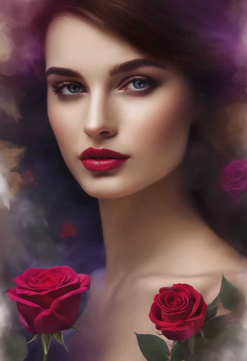 imprimir para misturar cores. simetria perfeita. Purple rose in the middle positioned next to the face of a beautiful lady scene adlt 18 with intense eyes that crying a tear and golden lips.. corar, reflection, Pisou. illustration, Cinematic lighting. vista do teto. Picasso abstrato. non-3D. nenhum adolescente. not so realistic. sem aquarela
