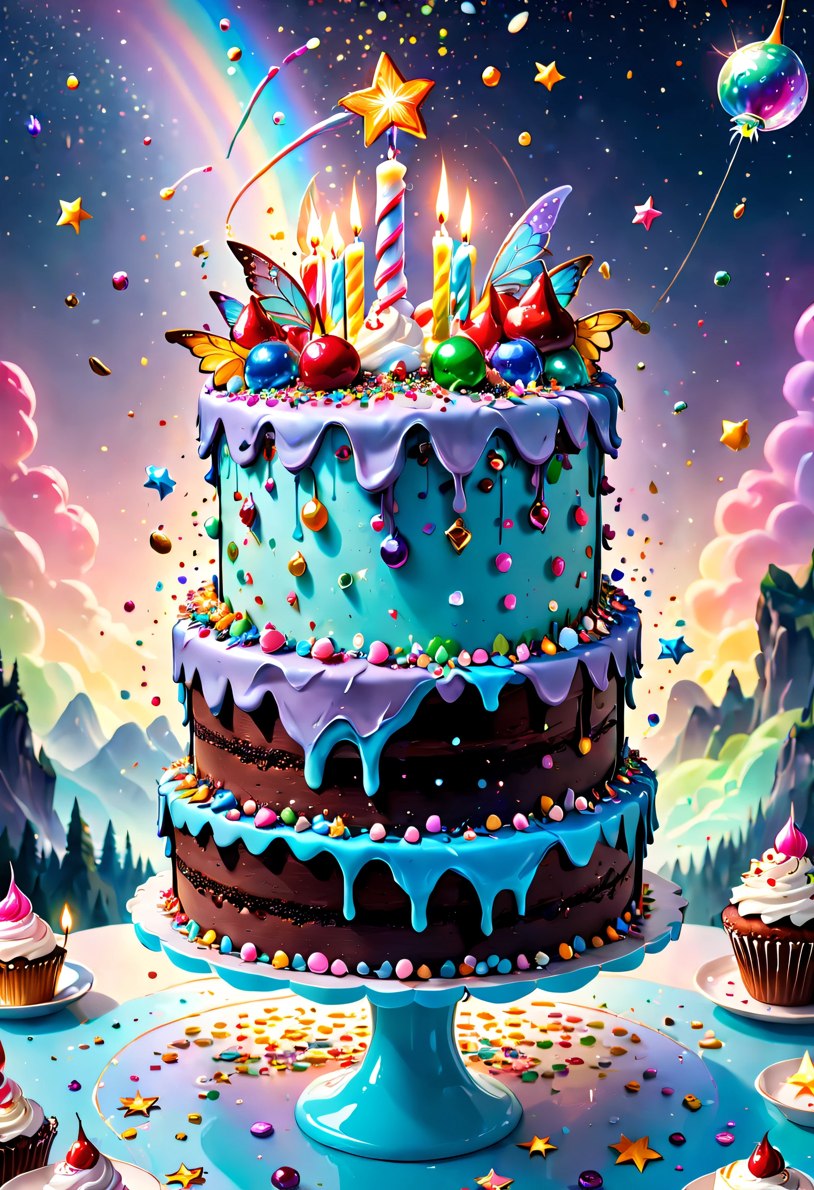 Beautiful 8K Ultra HD professional photos, Sharp focus, In a stunning fantasy starry world,Fairies are dancing in the sky,A birthday cake filled with gems falls from the sky,A huge cake,It has candles and confetti on it, Huge birthday cake, with sparkling gems on top,isometry,icecream,Confectionery,Beautiful rainbow cake,