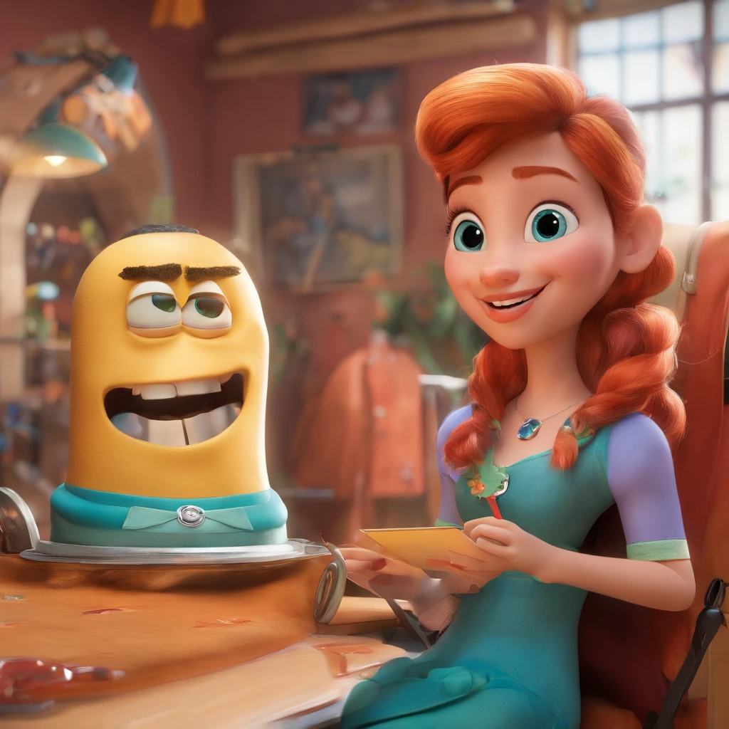create a 3D movie poster inspired by Disney Pixar, The scene should be in Pixar's signature digital art style, with a caricature imagehands, inside a tattoo parlor. Com menina de cabelo pretos olhos castanhos e delicados roupa delicada
