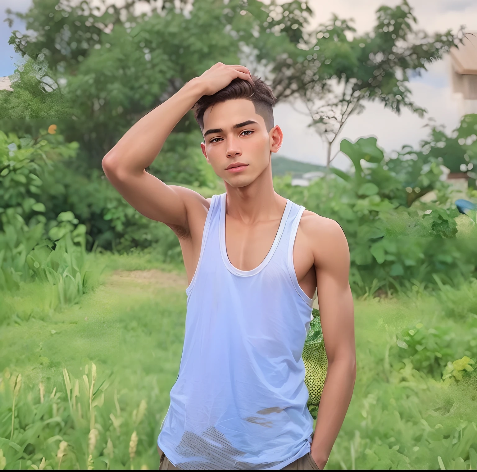 Boy without shirt leaning on wall