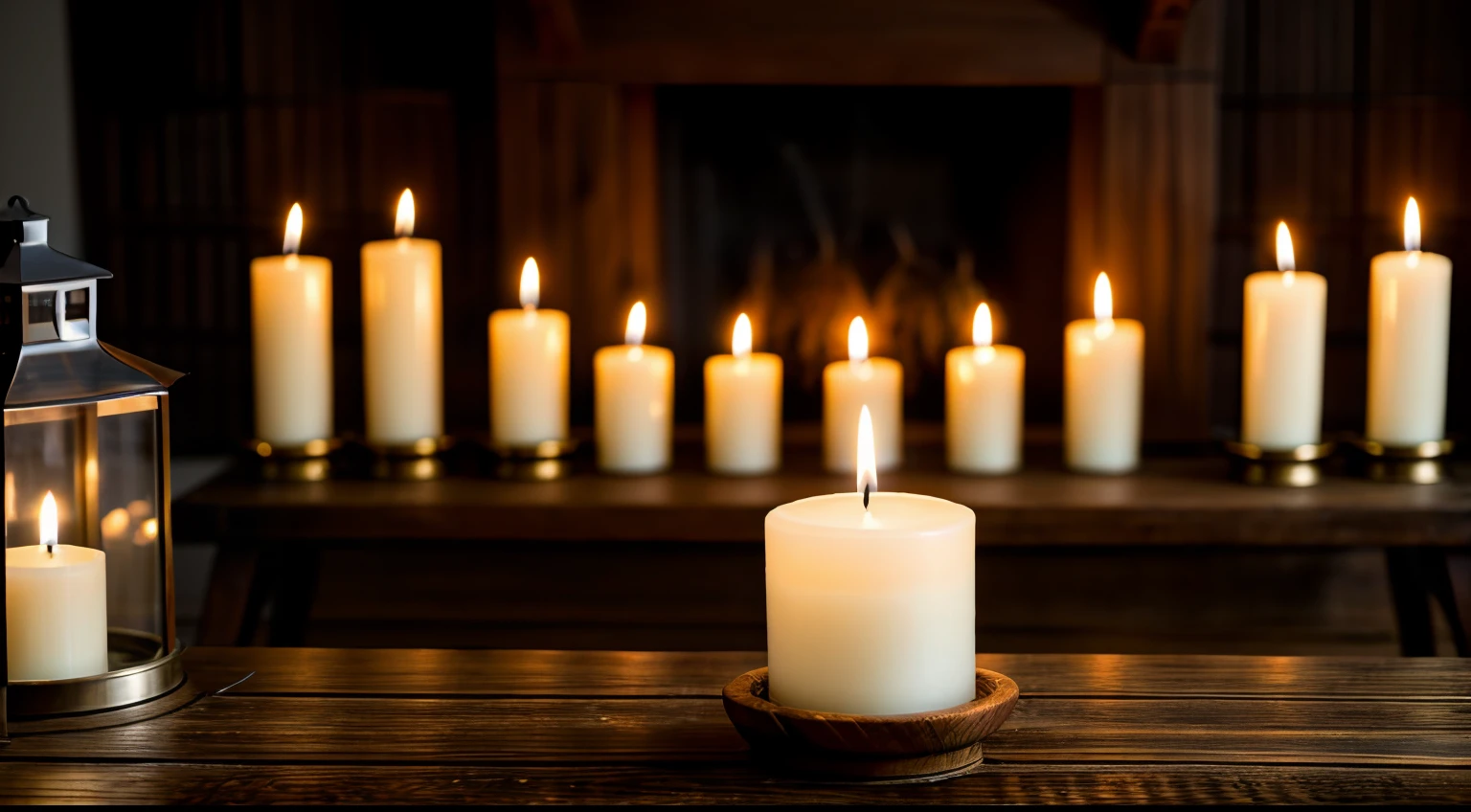 a candle that is sitting on a table, lit with candles, candles in foreground, candle lights, natural candle lighting, lit candles, candles, floating candles, room full of candles, cozy candlelight, candle light, glowing candles, peaceful ambience, beautiful ambiance, lots of candles, candlelight, candle lit, the candle is on a wooden table, candle lighting