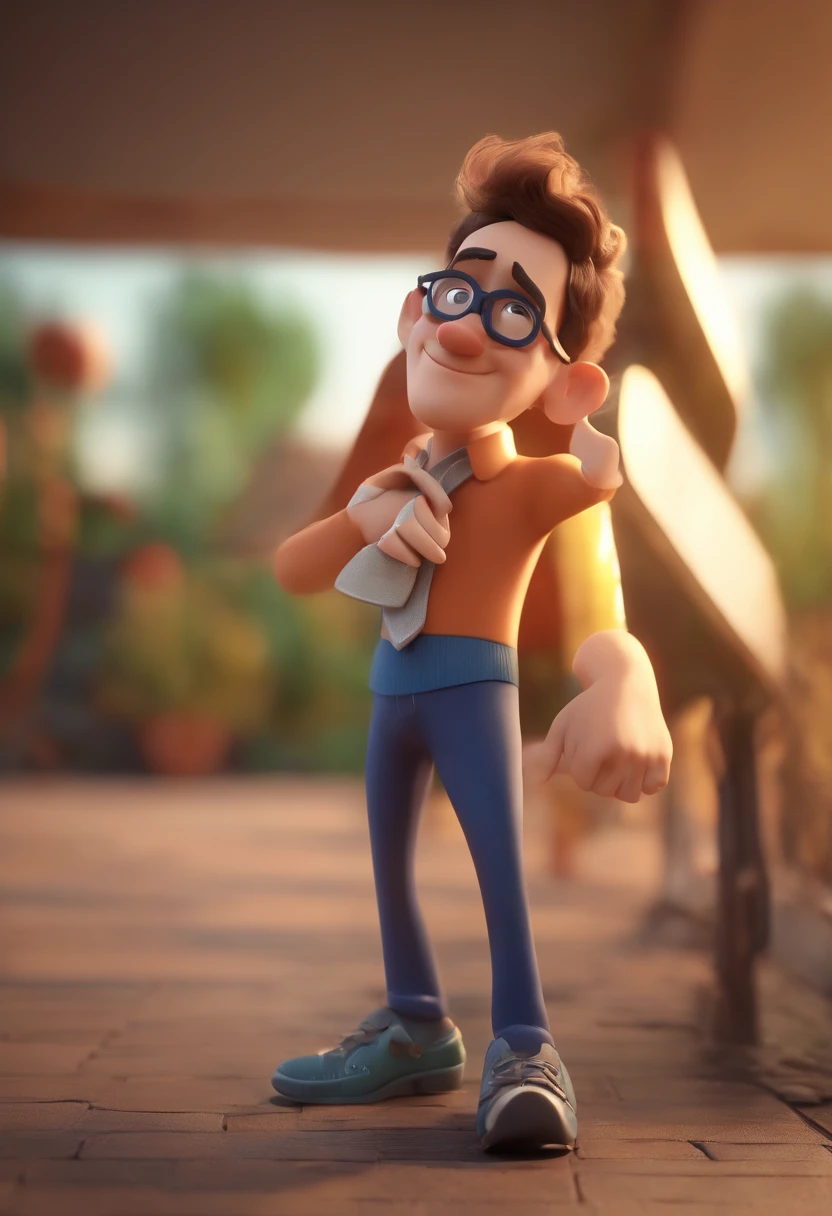 Cartoon character of a man wearing black glasses and a blue shirt, um personagem animado, Caractere estilizado, animation style rendering, 3D estilizado, Arnold Maya render, 3 d render stylized, toon render keyshot, Personagem 3D, Personagem 3D, 3d rendering stylized, 3 d character render, personagem de desenho animado, Personagem de close up, Pose de personagem, (Estilo Pixar) (master part:1.2) (Bokeh) (best quality) (pele detalhada) (textura detalhada) (8k) (argila) (Cinematic lighting) (foco nítido，Senta e vaza a parte superior do corpo