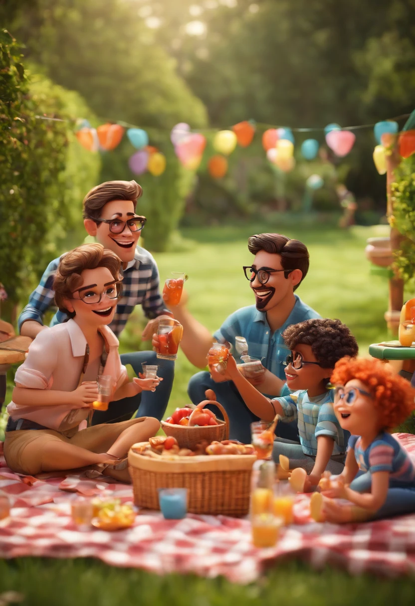 A group of friends inspired by Pixar animation. Elaes are celebrating in a backyard with picnic. Everybody's got glasses in their hands smiling, cores efervescentes.