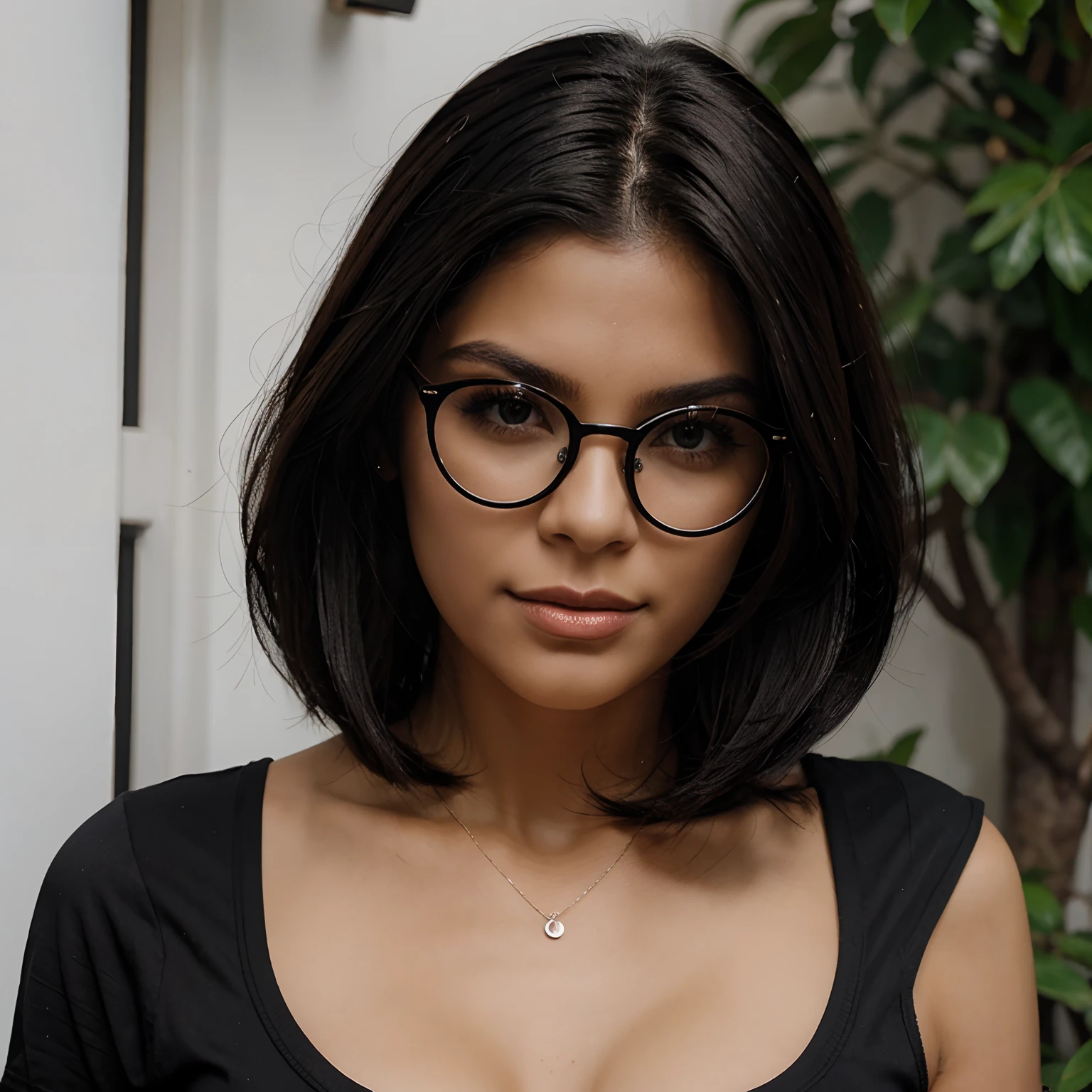 Cabelo preto cacheado e oculos de grai