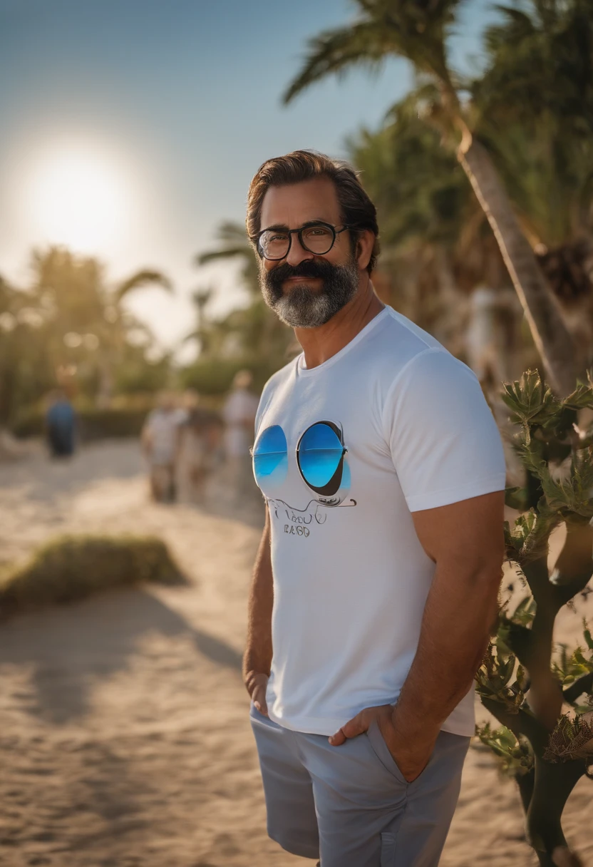 criar Disney Pixar l personagem, Man, Branco, 40 anos, cabelo preto ondulado, blue glasses, barba preta sem bigode, fundo branco, vestindo camiseta, shorts e chinelos. 174cm de altura, 115kg de peso