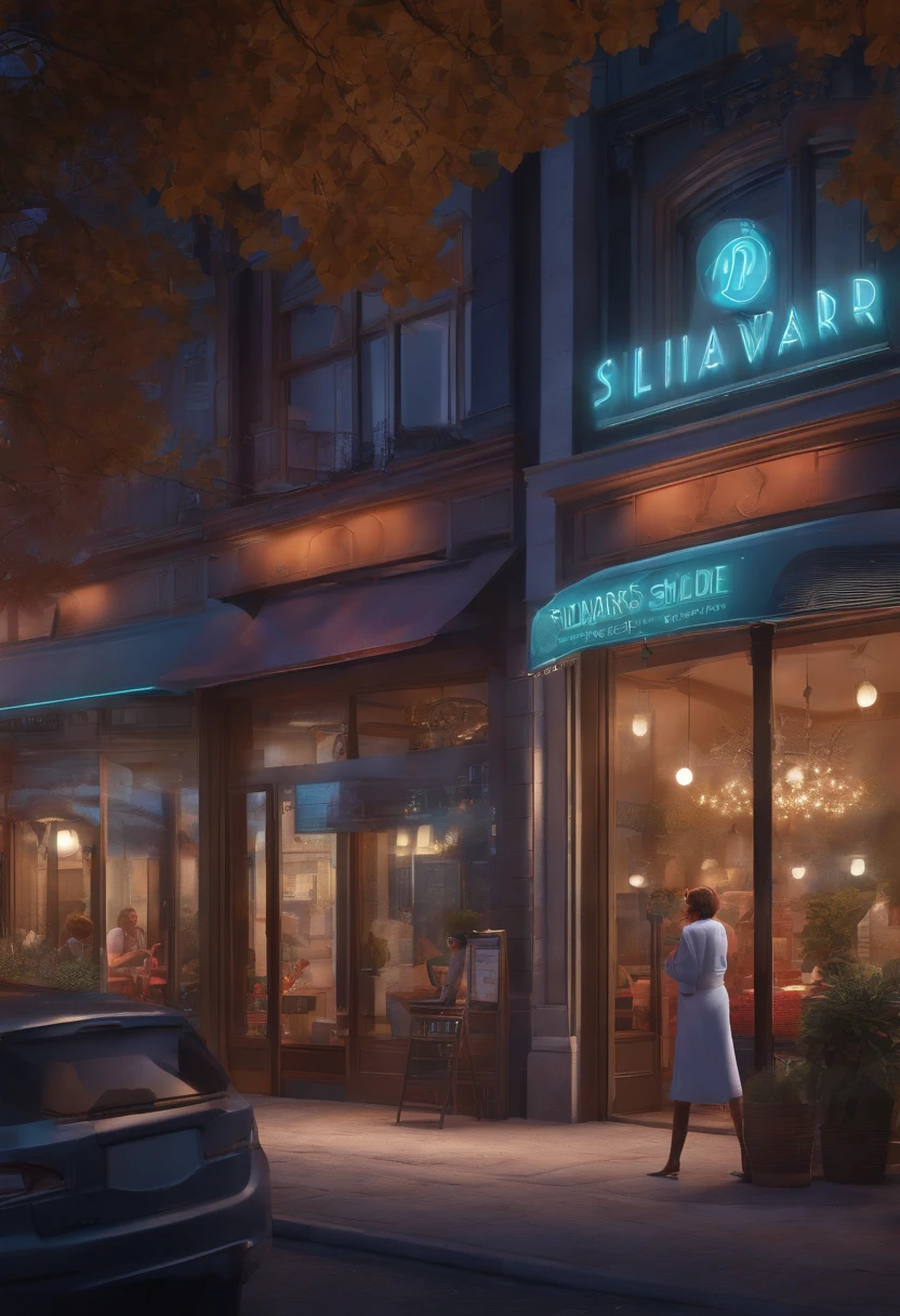 Pixar 3D-style drawing of a slimming clinic in the city center with a character in the foreground