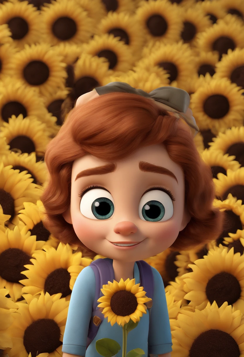 Create a Disney PIXAR-style 3D poster. ((centro da imagem 2 pessoas)), (( no meio 1 com 19 anos)), a meninaele morena e cabelos castanhos escuros ondulados e olhos castanhos escuros, (( ao lado 1 homem com 19 anos)) tem pele branca, olhos castanhos claros e cabelo liso e loiro claro )) ((tudo isso no estilo Disney PIXAR 3D, In the background, A house of sunflowers, Gloria Studio, The garden is full of nature 3D render RTX clay material, estilo de design cartunesco, POP Mart, soft lighting, linhas suaves, Spring tilt, Detailed illustrations of PIXAR 3D, Detalhes hiper-realistas, cor quente no estilo Disney PIXAR 3D))