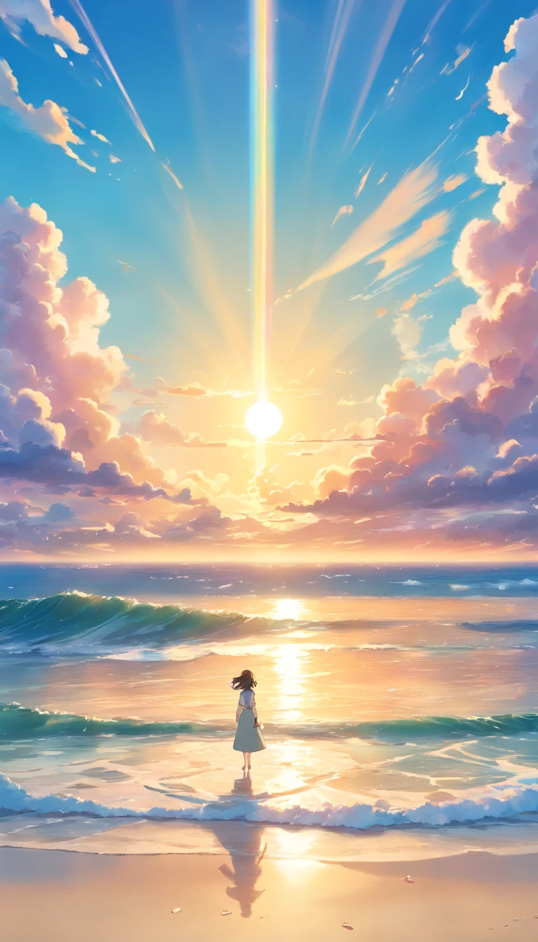 (best quality,highres,masterpiece:1.2),sea,wallpaper,magical,seashell,blue sky,clouds,seagulls,birds,wind,waves,chill,fresh,summer,couple seen far away,color film tone,serene,serenity,tranquil,harmony,vibrant colors,sunlight reflecting in the water,sand beach,sunshine,glow,peaceful,pastel colors,dreamlike,soft focus,motion effect,sunrise or sunset,ethereal,blissful,breeze,rays of sunlight,reflection