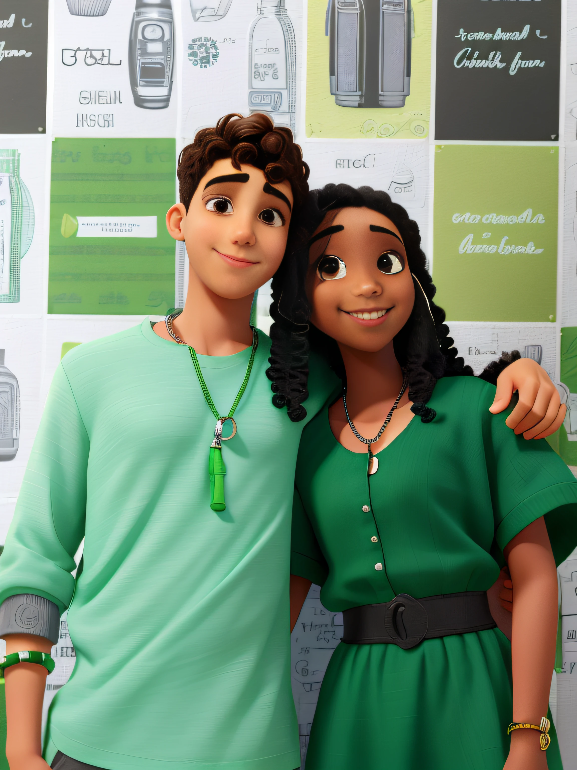 Um casal sorridente com um menino de cabelo liso penteado para a esquerda com uma camisa verde, a silver chain around her neck and a black bracelet on her arm embraced with a smiling curly-haired girl wearing a green dress