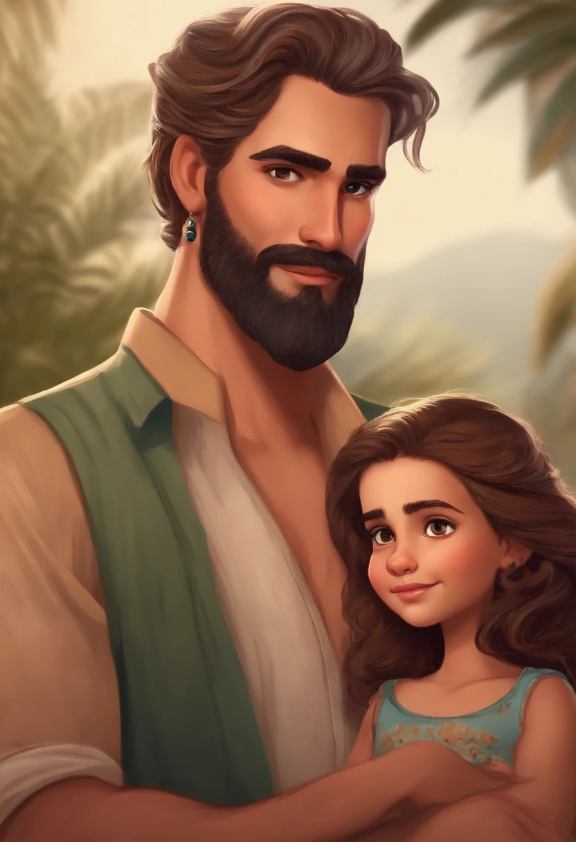 Personagem de desenho animado homem alto com olhos cabelos e barba castanho, usando camisa social branca e bermudasegurando sua filha no colo com 2 anos de idade