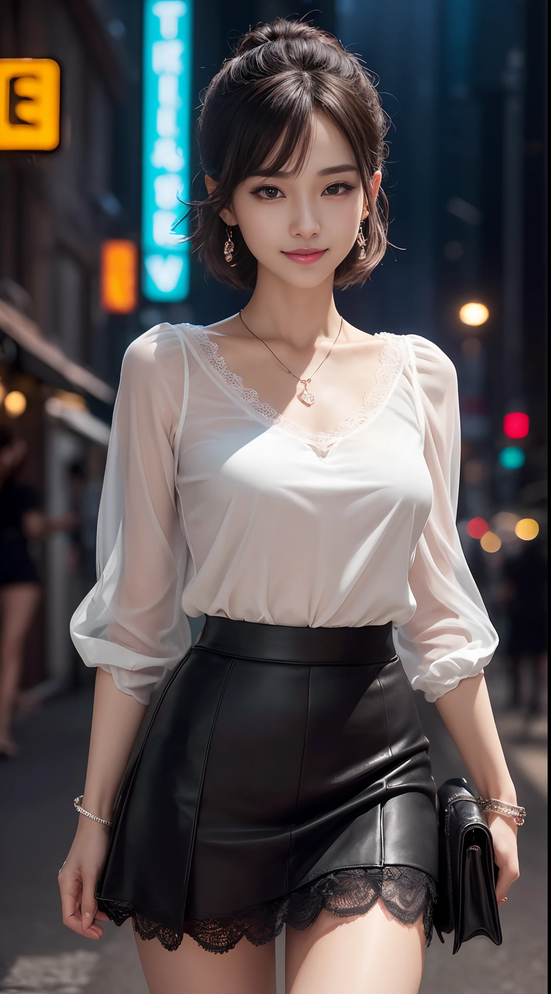 8k, masterpiece, RAW photo, best quality, photorealistic, extremely detailed CG unity 8k wallpaper, Depth of field, Cinematic Light, Lens Flare, Ray tracing, (extremely beautiful face, beautiful lips, beautiful eyes), intricate detail face, ((ultra detailed skin)) 1girl, in the dark, deep shadow, pretty korean girl, kpop idol,(very slim slender fit-muscled body:1.3), ((looking at viewer)),(big smile:1.3), (night, (neon sign), (blurry background), midnight, (without people in the background:1.3), pretty korean girl, white diamond earrings, bracelets, necklace, pantyhose, clear eyes, walking , front shot, (pale skin), face forward, (big eyes), full body shot, ((see through, pink color blouse)), ((black color skirt :1.3)), (brown hairs) (looking at viewer:1.3), (laced bra), very slim, medium breasts, Hermes bag