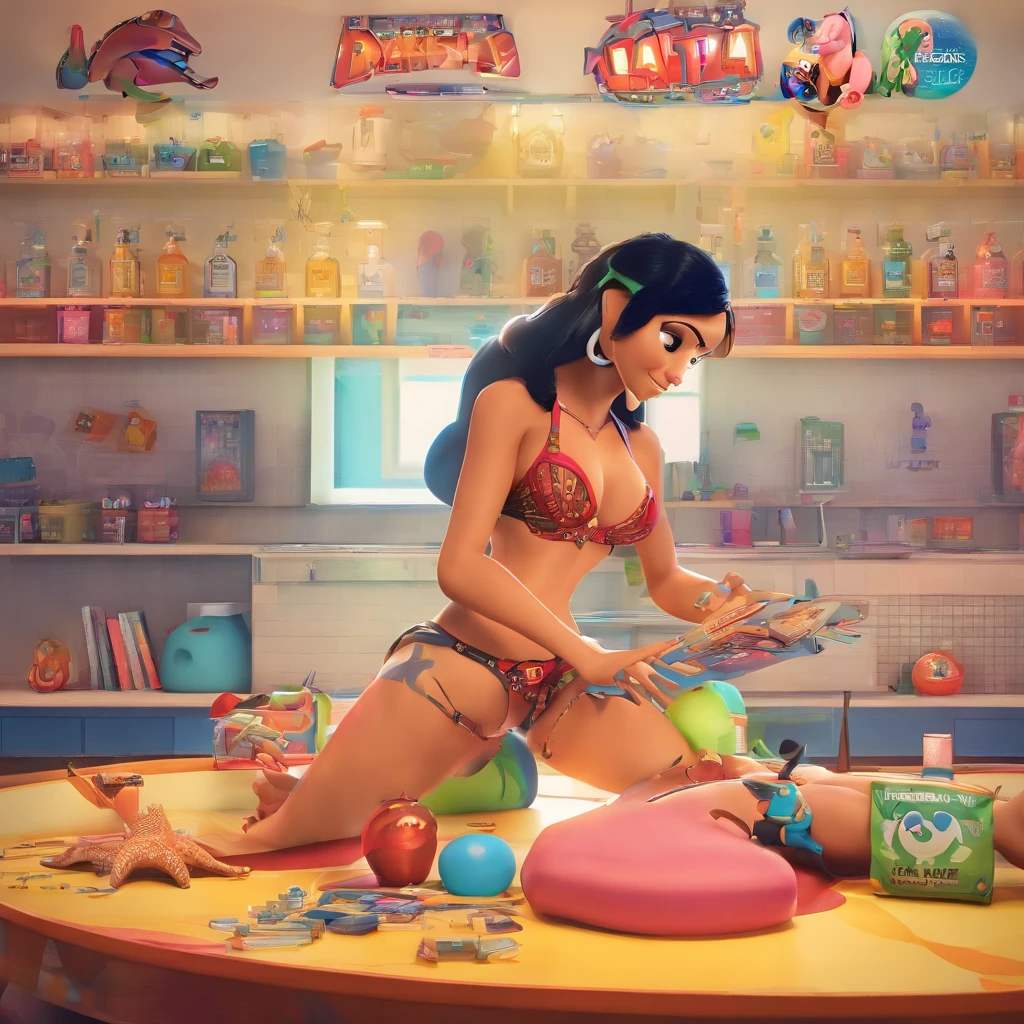 create a 3D movie poster inspired by Disney Pixar, The scene should be in Pixar's signature digital art style, com uma imagem caricatural que lembra a cantora brasileira "Anita" in the prone position, Wearing a bikini while a tattoo artist is sitting tattooing with a giant ring on one hand, inside a tattoo parlor.