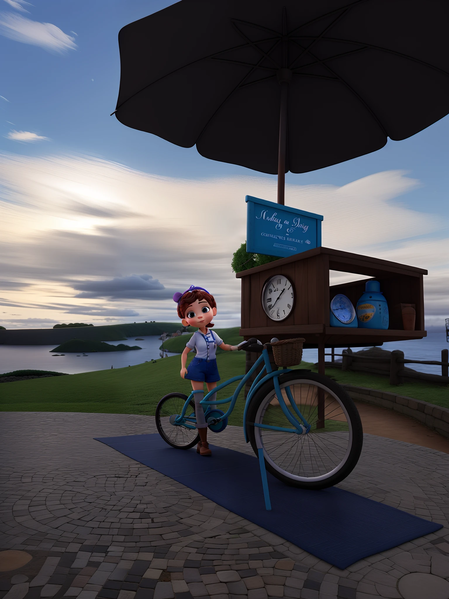 Menina vestida de cozinheira ruiva dourada baixinha e gordinha de olhos azuis estilo pixar willy wonka