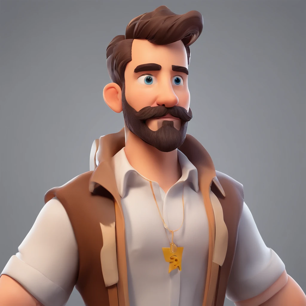 Criar um personagem no estilo Pixar. Trata-se de um homem de 25 anos, with medium beard, Branco, com cabelos castanhos, calvo,  olhos castanhos. Ele deve estar na frente de um computador, Trabalhar como social media