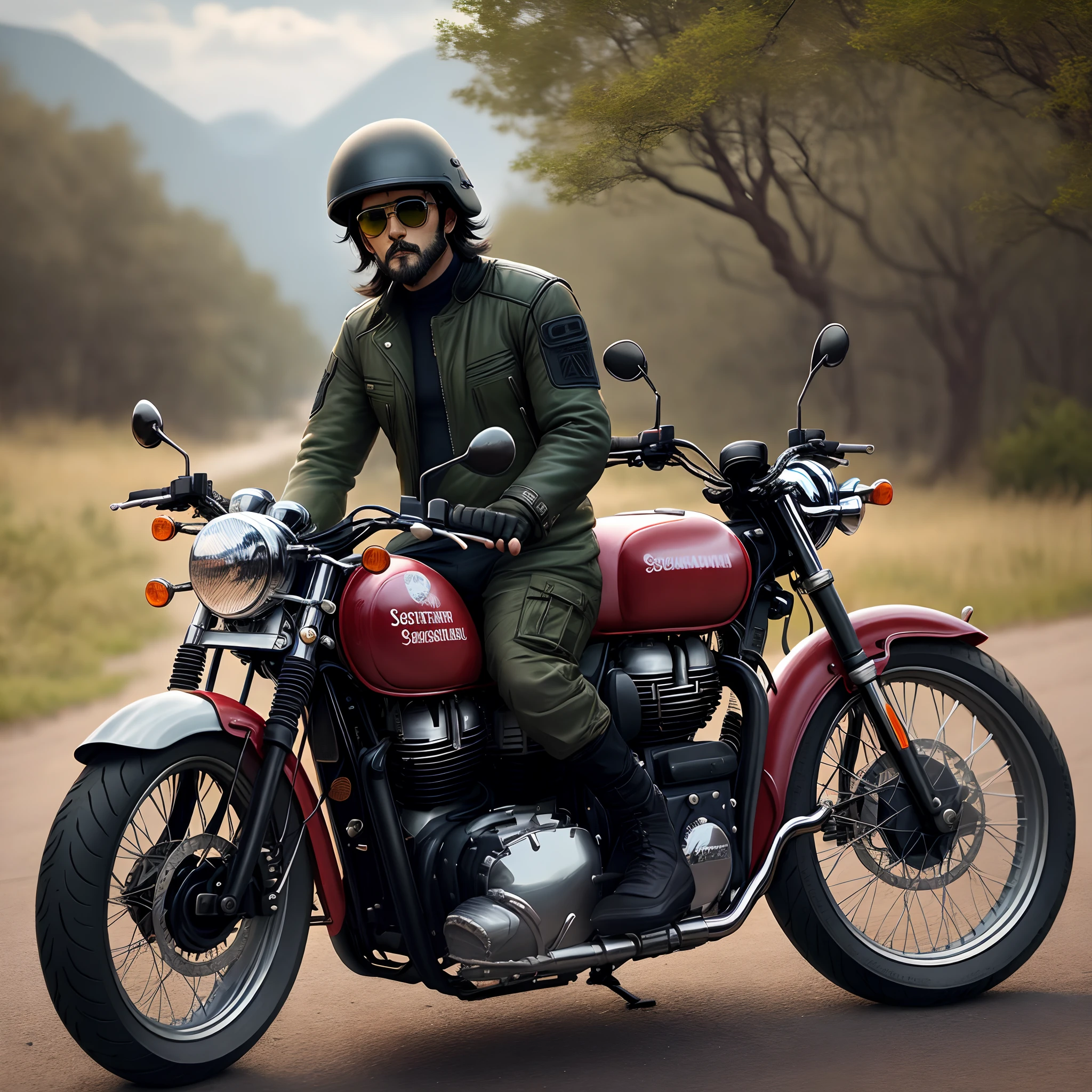 Crie uma arte de um homem 48 anos cabelo castanho coque samurai e barba, sunglasses, jaqueta marrom, Tactical pants on a Royal Enfield Classic 350 motorcycle military green color in a rustic landscape