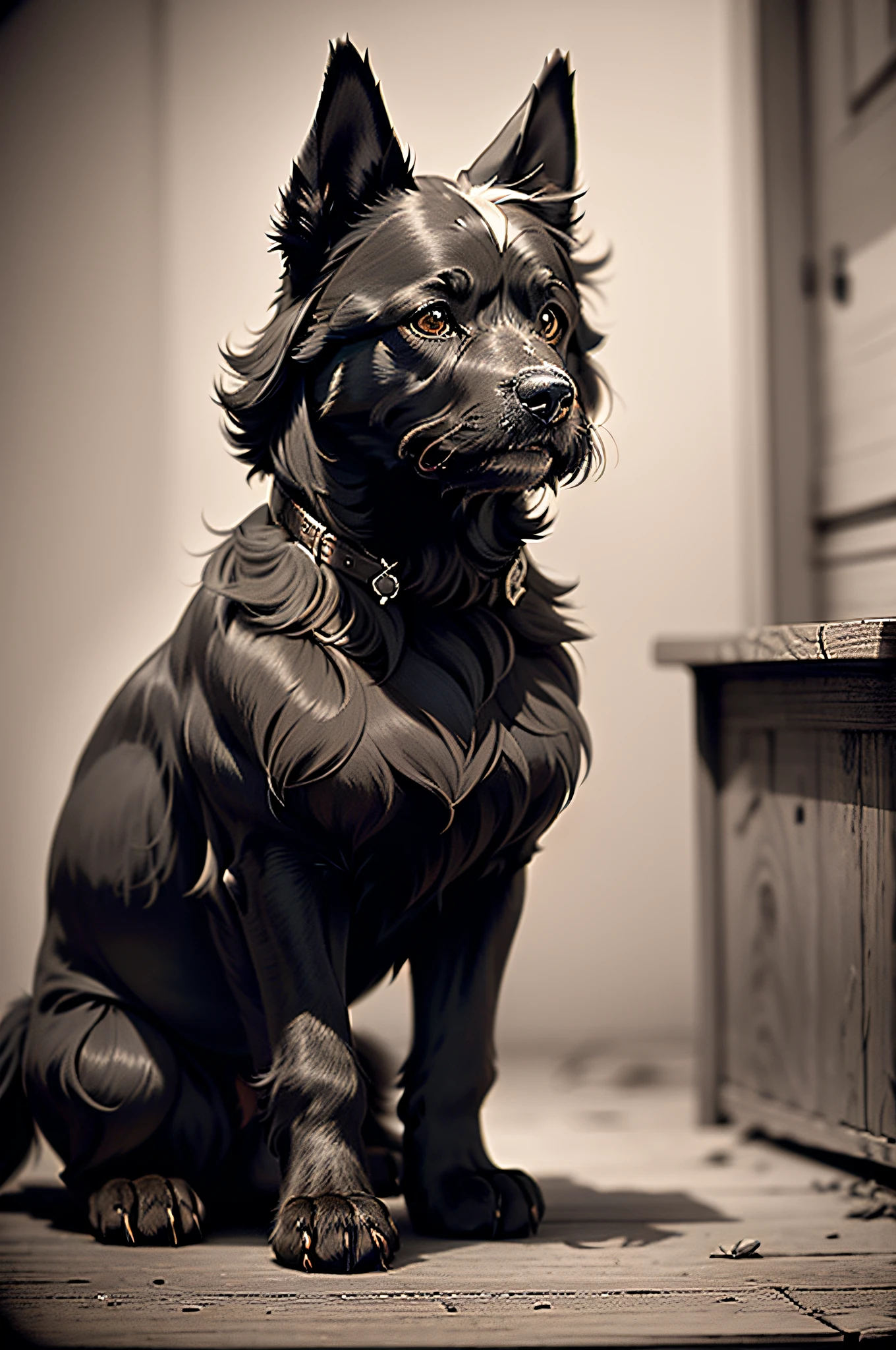 Black Scottish Terrier in 1800s vintage sepia photo. Others at the time々