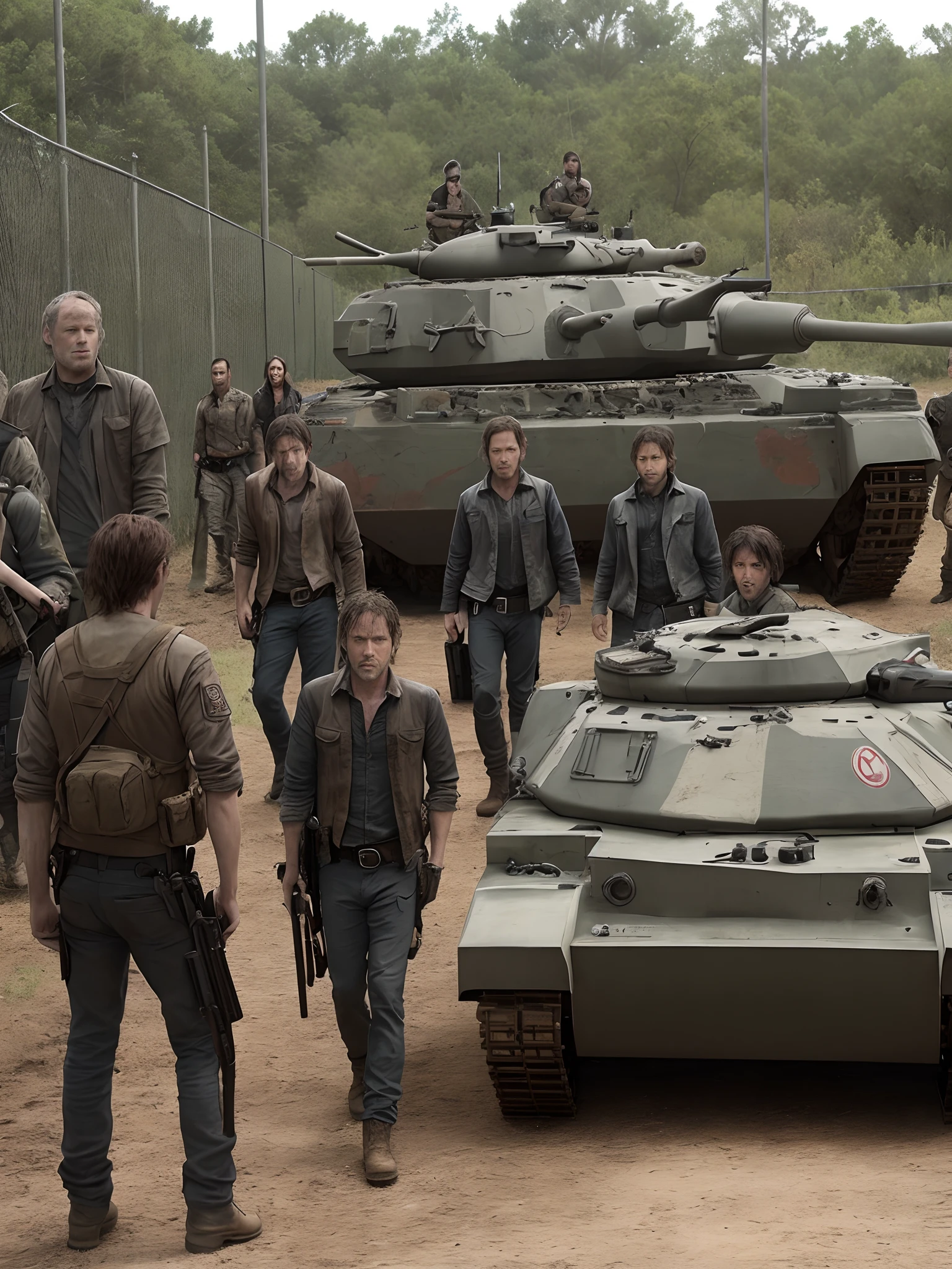 the governor from the walking dead tv show at the prison with an army of people with a tank with a fence in font of them and rick grimes and daryl Dixon on the other side of the fence realistic