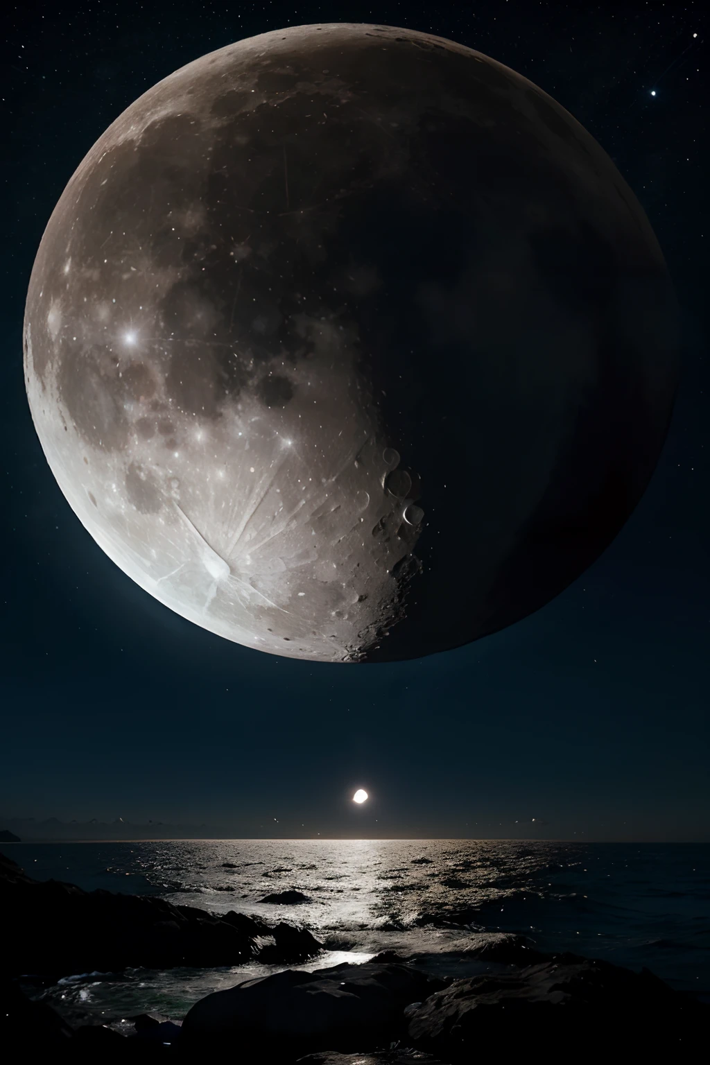 (master part, melhor qualidade), Moon in the spotlight in the night sky, Bio-luminescence_water_mundo, Wide angles, lua, moon on the sky, luz da lua reluzindo no mar, Sky without stars,cloudless sky,Grandeur, illustration, watercolor ink sketch,((large bulge)),lua extremamente detalhada, 4k. ((Esfregue as bordas)),extremamente detalhado, extremamente detalhado realista ,Extremamente detalhado