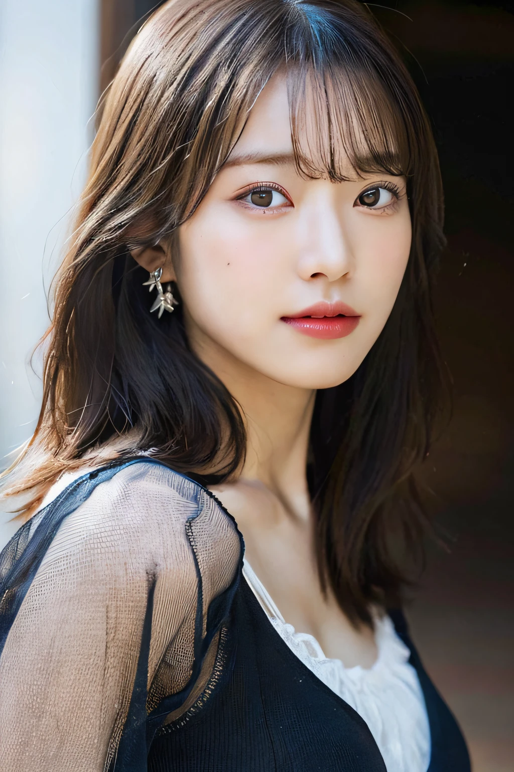 (8k, RAW Photo, Best Quality, Masterpiece:1.2), Ultra Detail, Super Resolution, (Realistic, Realistic Photo:1.37), Portrait, High Detail RAW Color Photo, Professional Photo, Extremely Detailed and Beautiful, Extremely detailed, 8k wallpaper, amazing and detailed, huge file size, official art, highly detailed CG unity 8k wallpaper, highly detailed beautiful girl, highly detailed face, highly detailed eyes, highly detailed skin, highly detailed fingers, highly detailed nose, very detailed detailed mouth , perfect anatomy, highly detailed background, highly detailed clothes, 1girl, (20:1.2), 20s, cute girl, realistic body, petite, fair skin, glowing skin , slim body, handsome body, black hair , short hair, (blunt bangs:1.2), smile, cute, youthful, cute face, realistic face, delicate eyes, drooping eyes, lingerie, see-through, earrings, looking at viewer, cowboy shot, facing front, standing posture, Contraposto, dynamic lighting, very large breasts, cowboy shot