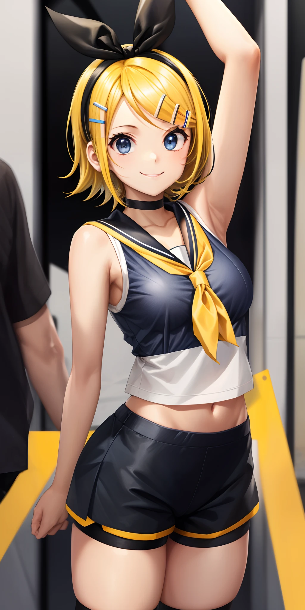 Best Quality, super precision, One girl, (kagamine_Rin), Sky blue eyes, Cute, Short hair, White hair ribbon, hair clips, head phone, a blond, Sailor Uniform, black short pants, , Yellow neckerchief, Sleeveless, Smile, High school students, Your sister, White background、Black arm cover、No background、Smooth texture