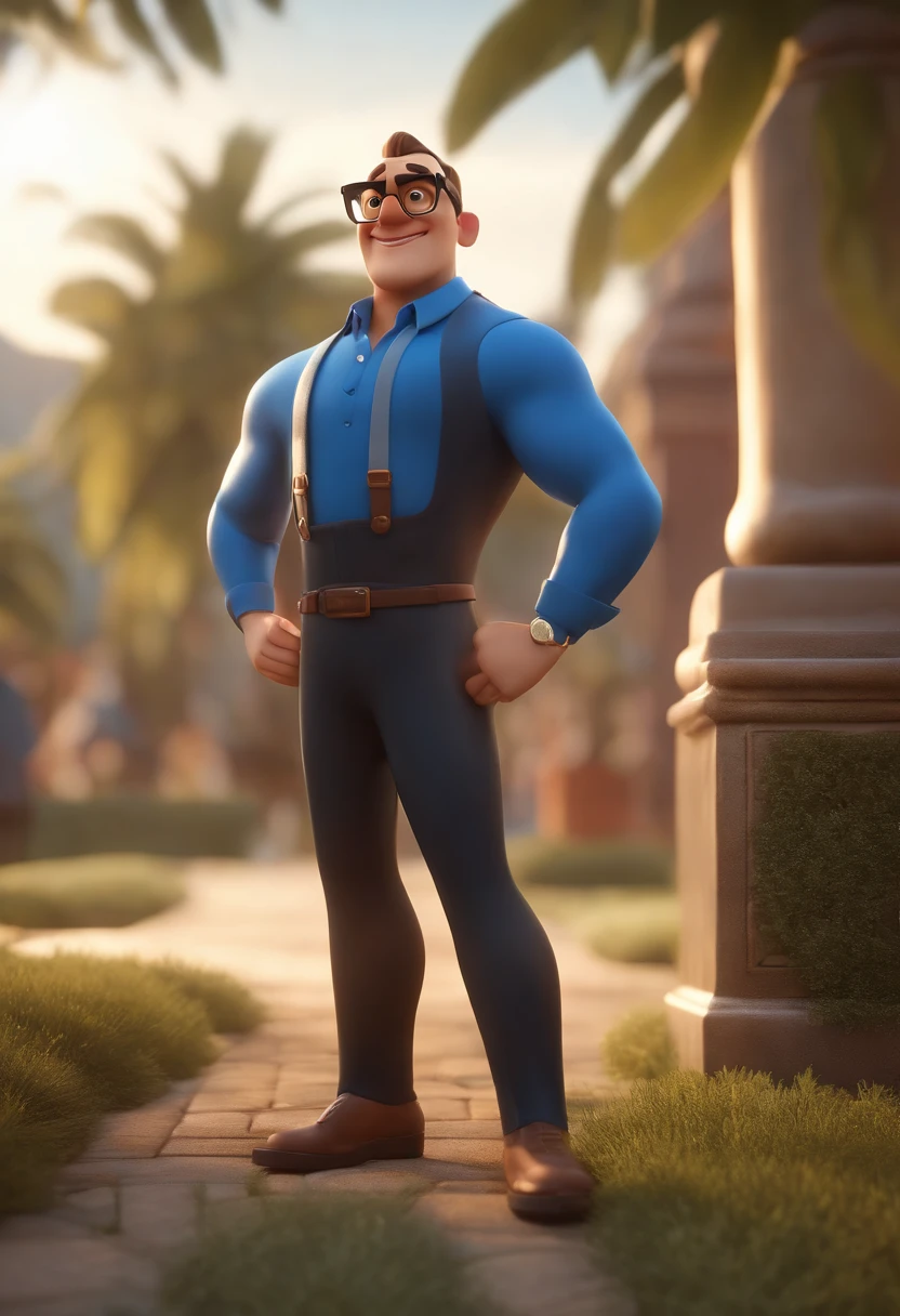 Cartoon character of a man wearing black glasses and a blue shirt, um personagem animado, Caractere estilizado, animation style rendering, 3D estilizado, Arnold Maya render, 3 d render stylized, toon render keyshot, Personagem 3D, Personagem 3D, 3d rendering stylized, 3 d character render, personagem de desenho animado, Personagem de close up, Pose de personagem, (Estilo Pixar) (master part:1.2) (Bokeh) (best quality) (pele detalhada) (textura detalhada) (8k) (argila) (Cinematic lighting) (foco nítido，Senta e vaza a parte superior do corpo