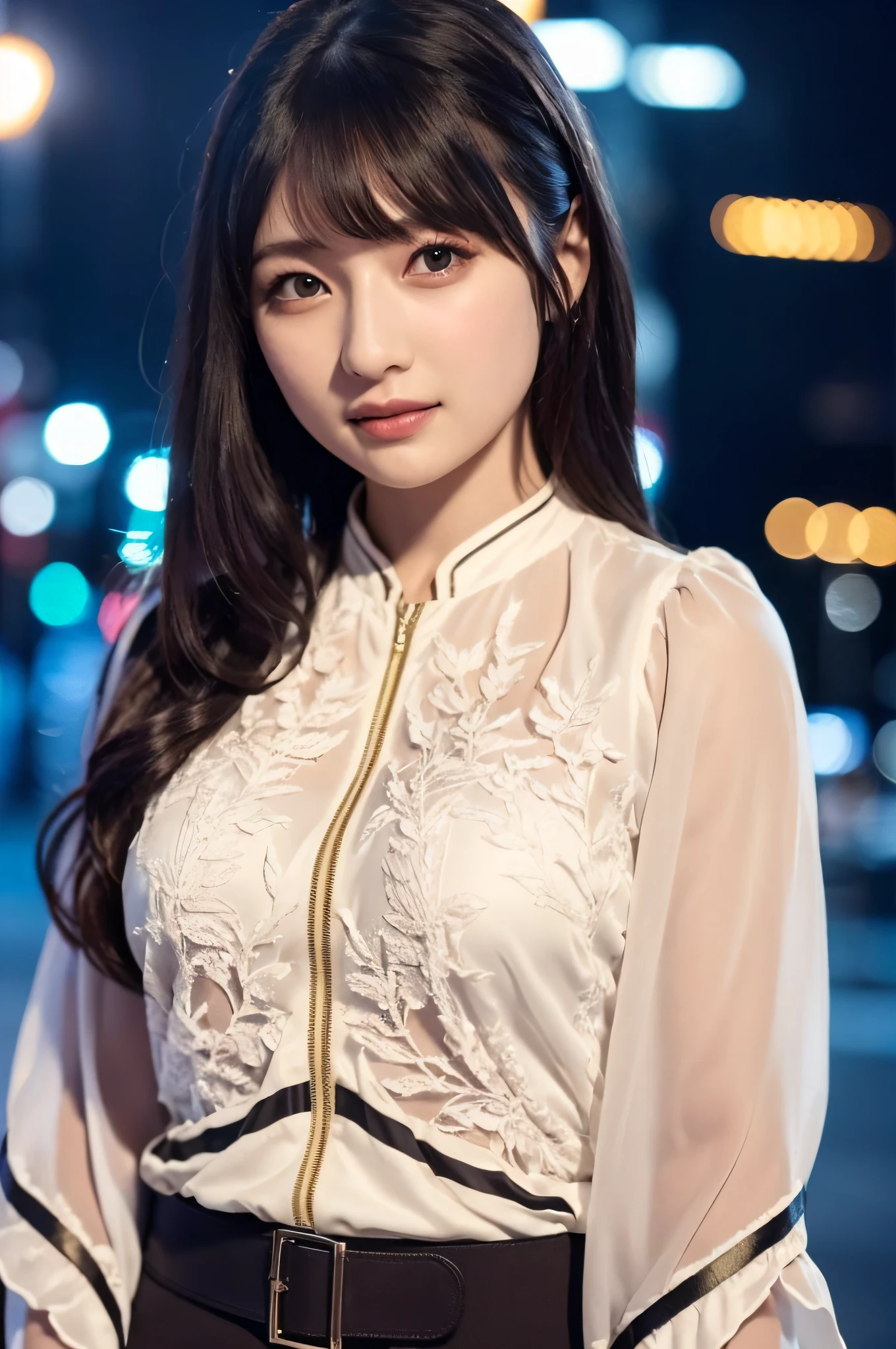 1girl,(wearing an avante garde blouse and long jacket:1.2),(RAW photo, best quality), (realistic, photo-realistic:1.4), masterpiece, an extremely delicate and beautiful, extremely detailed, 2k wallpaper, Amazing, finely detail, extremely detailed CG unity 8k wallpaper, ultra-detailed, highres, soft light, beautiful detailed girl, extremely detailed eyes and face, beautiful detailed nose, beautiful detailed eyes,cinematic lighting,city lights at night,autumn scenery,maple leaves in autumn,in a park,park light,perfect anatomy,slender body,smiling,bokeh