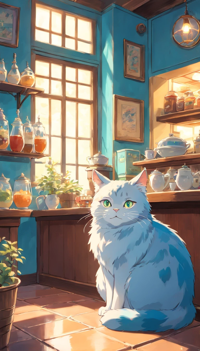wallpaper, cafe ambiance, light blue color tone, cat lazy, tone color film