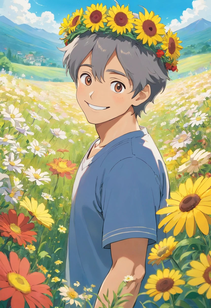 A man with a flower crown smiling with a field of flowers in the background