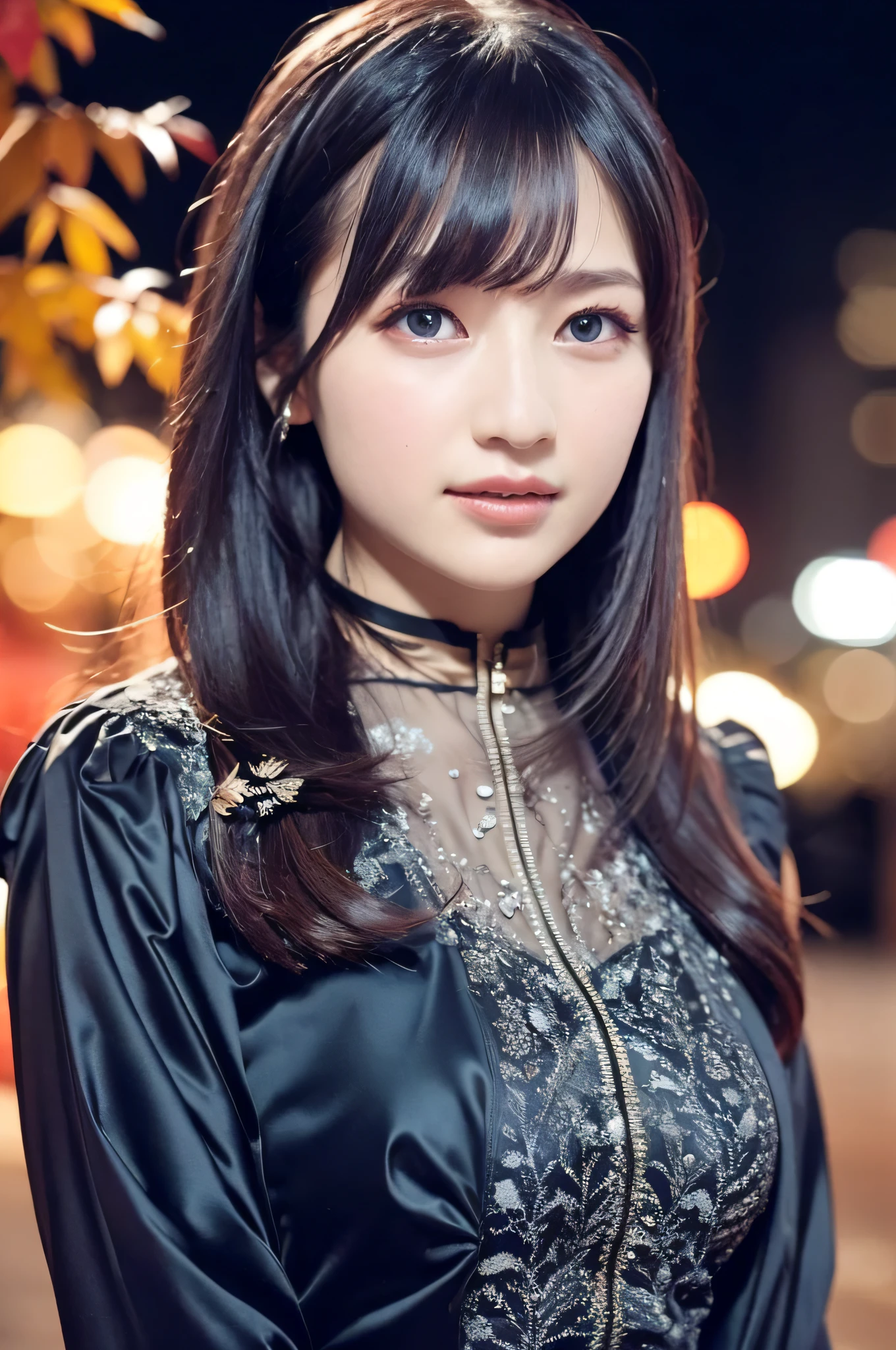 1girl,(wearing an avante garde blouse and long jacket:1.2),(RAW photo, best quality), (realistic, photo-realistic:1.4), masterpiece, an extremely delicate and beautiful, extremely detailed, 2k wallpaper, Amazing, finely detail, extremely detailed CG unity 8k wallpaper, ultra-detailed, highres, soft light, beautiful detailed girl, extremely detailed eyes and face, beautiful detailed nose, beautiful detailed eyes,cinematic lighting,city lights at night,autumn scenery,maple leaves in autumn,in a park,park light,perfect anatomy,slender body,smiling,bokeh