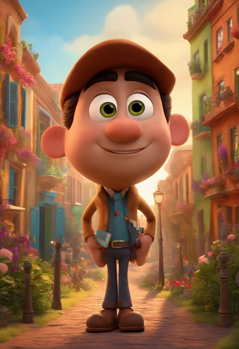 A city councilman looking at a dream project inspired by Pixar animation, de perto. The character takes center stage with captivating facial expressions, oferecendo um toque de irrealidade